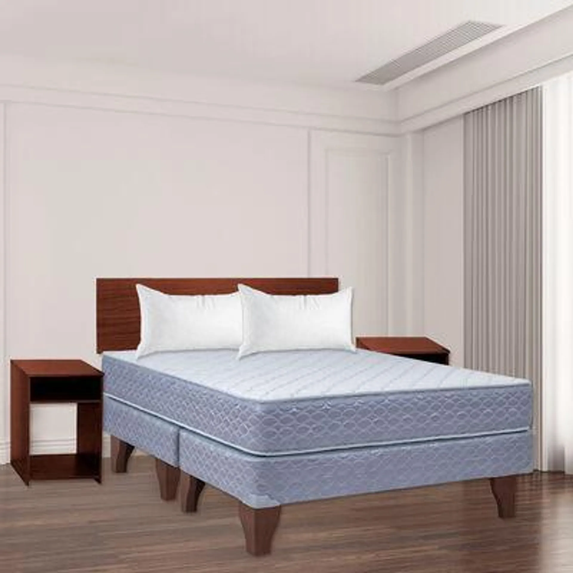 Combo Cama Europea Celta Base Dividida 2 Plazas New Atlantis + Set Maderas Casanova Nogal + Pack Almohadas Celta Imperial Soft