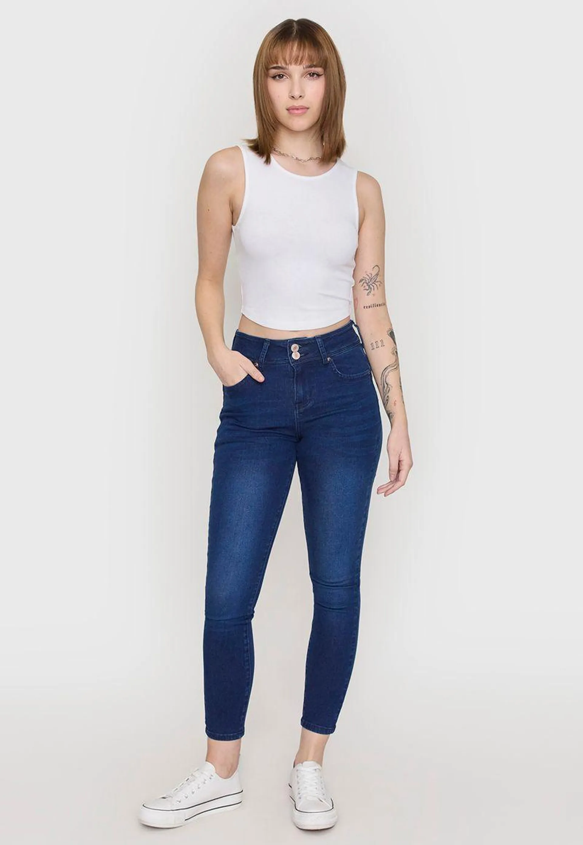 Jeans Mujer High Waist 2 Botones Azul Oscuro