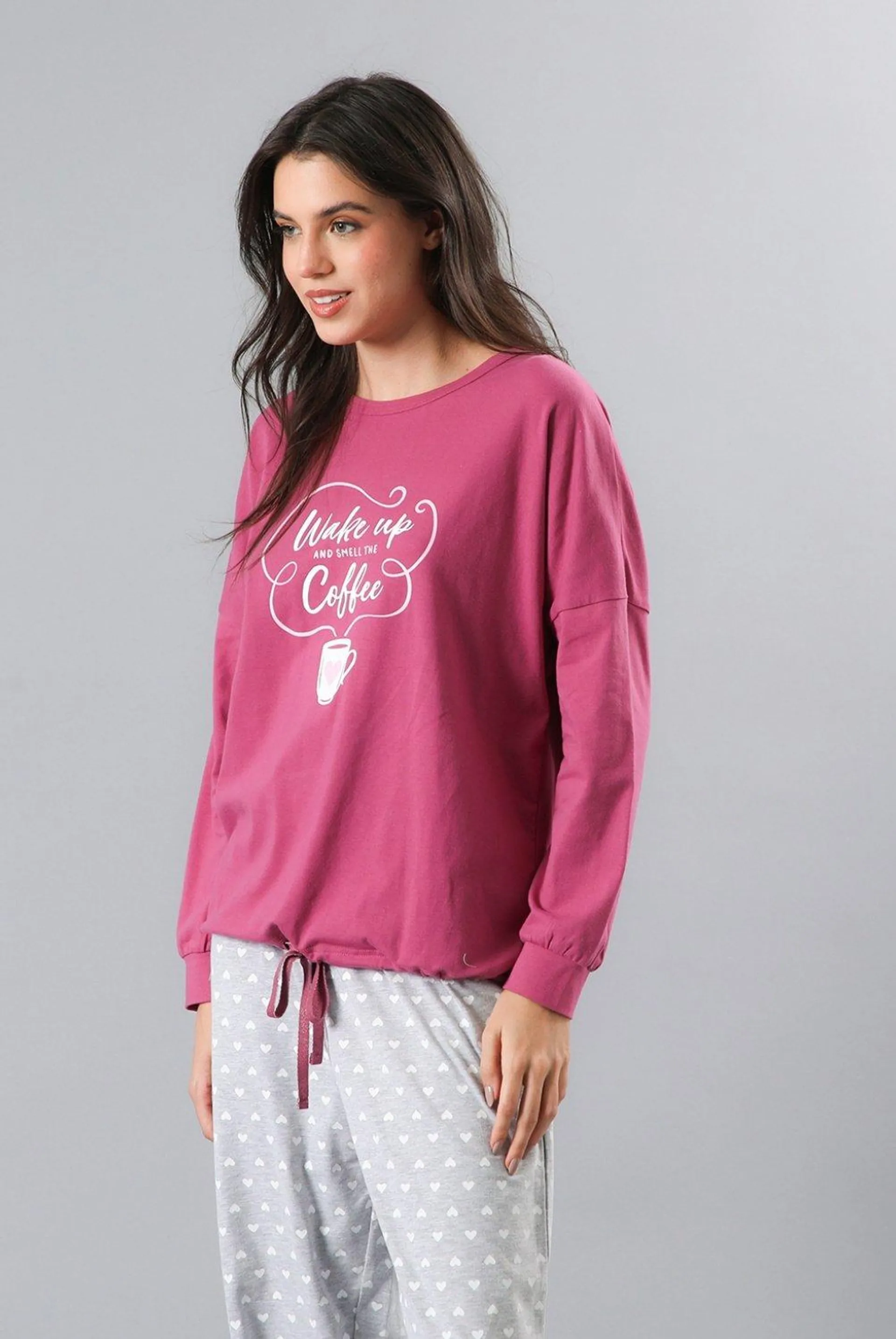 Pijama Polera Manga Larga Ajustable En Pretina Mujer Flores