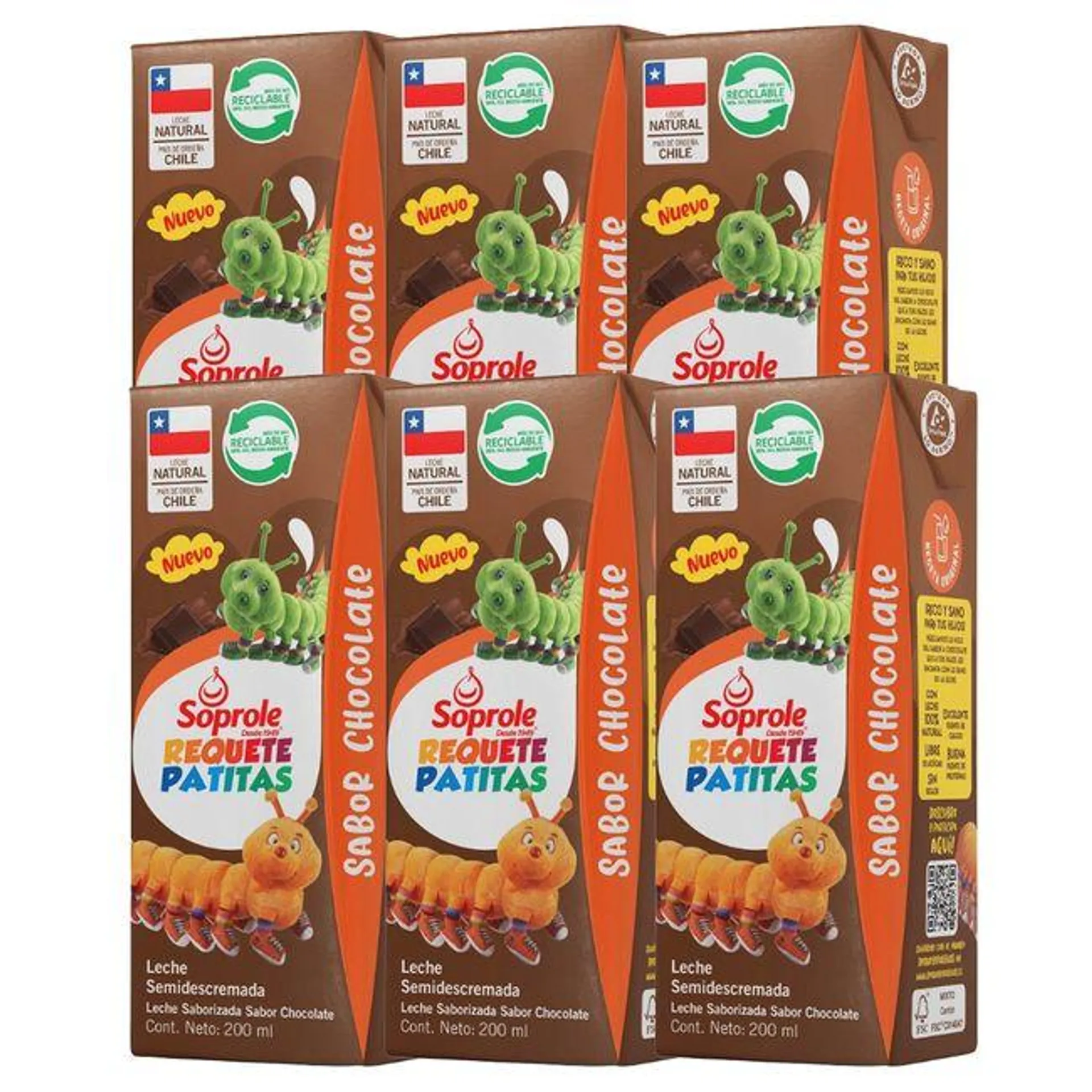 Pack 6 un. Leche Soprole Semidescremada Chocolate Requetepatitas 200 ml