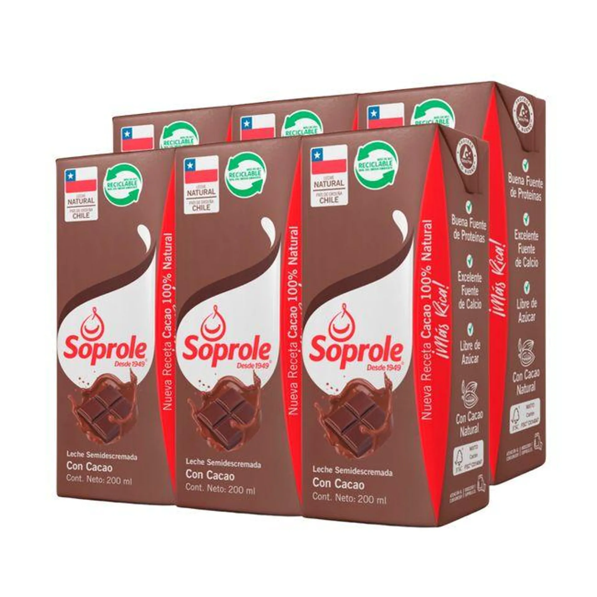 Pack Leche Soprole Semidescremada Chocolate 200 ml 6 un.