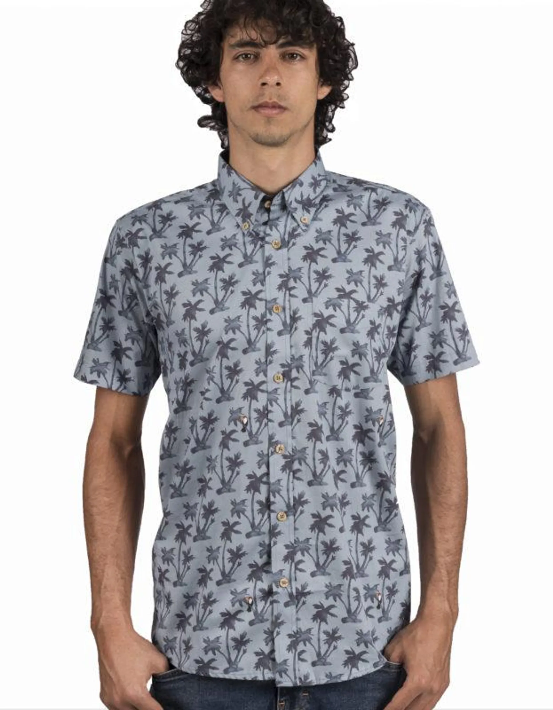 Camisa Manga Corta En Algodón Color Petróleo Estampado Palmeras Y Tucanes – Moldería informal