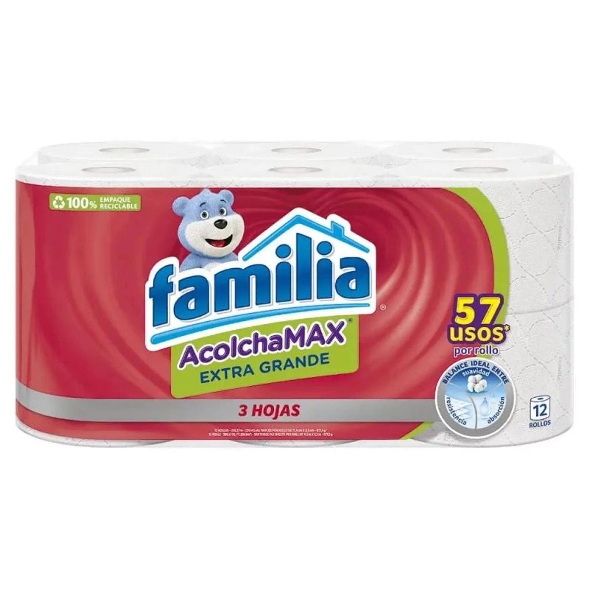 Papel Familia Acolchamax 24 m x 12 und Extragrande 288 m