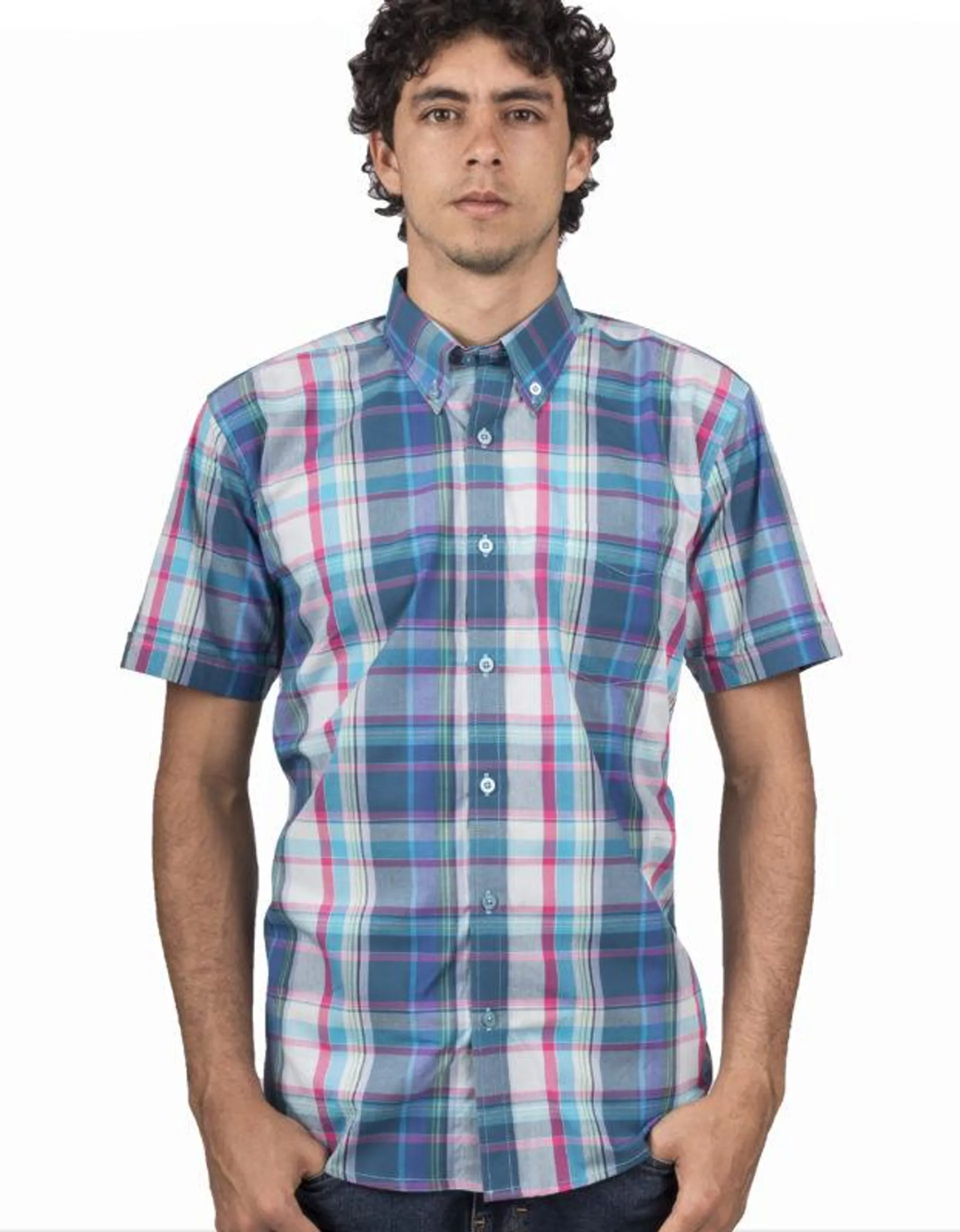 Camisa Manga Corta Cuadros Azules Rayas Blancas Y Rosadas – Moldería informal