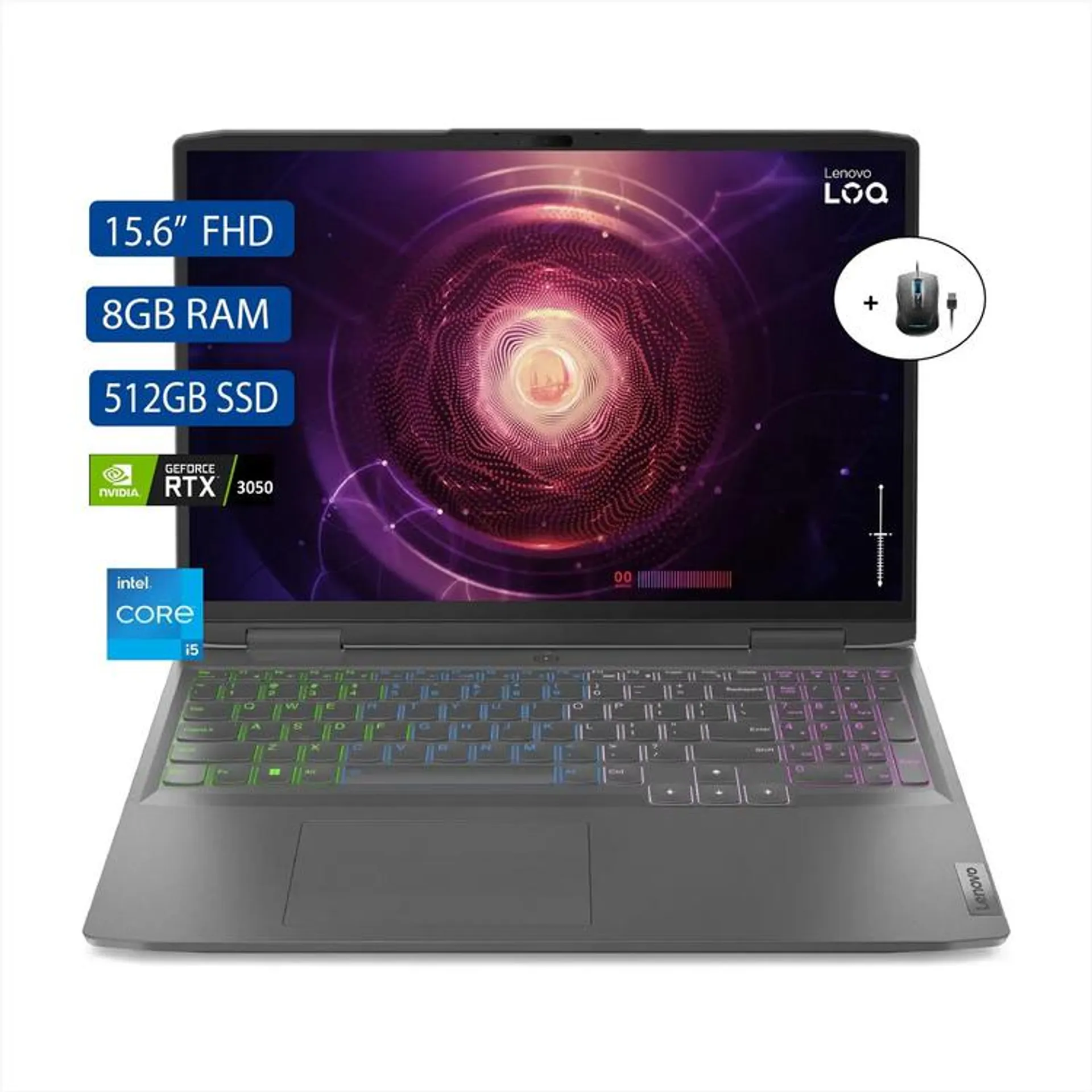 Computador Portátil Gamer LENOVO LOQ 15,6" Pulgadas 15IRH8 - Intel Core i5 - RAM 8GB - Disco SSD 512GB - Gris