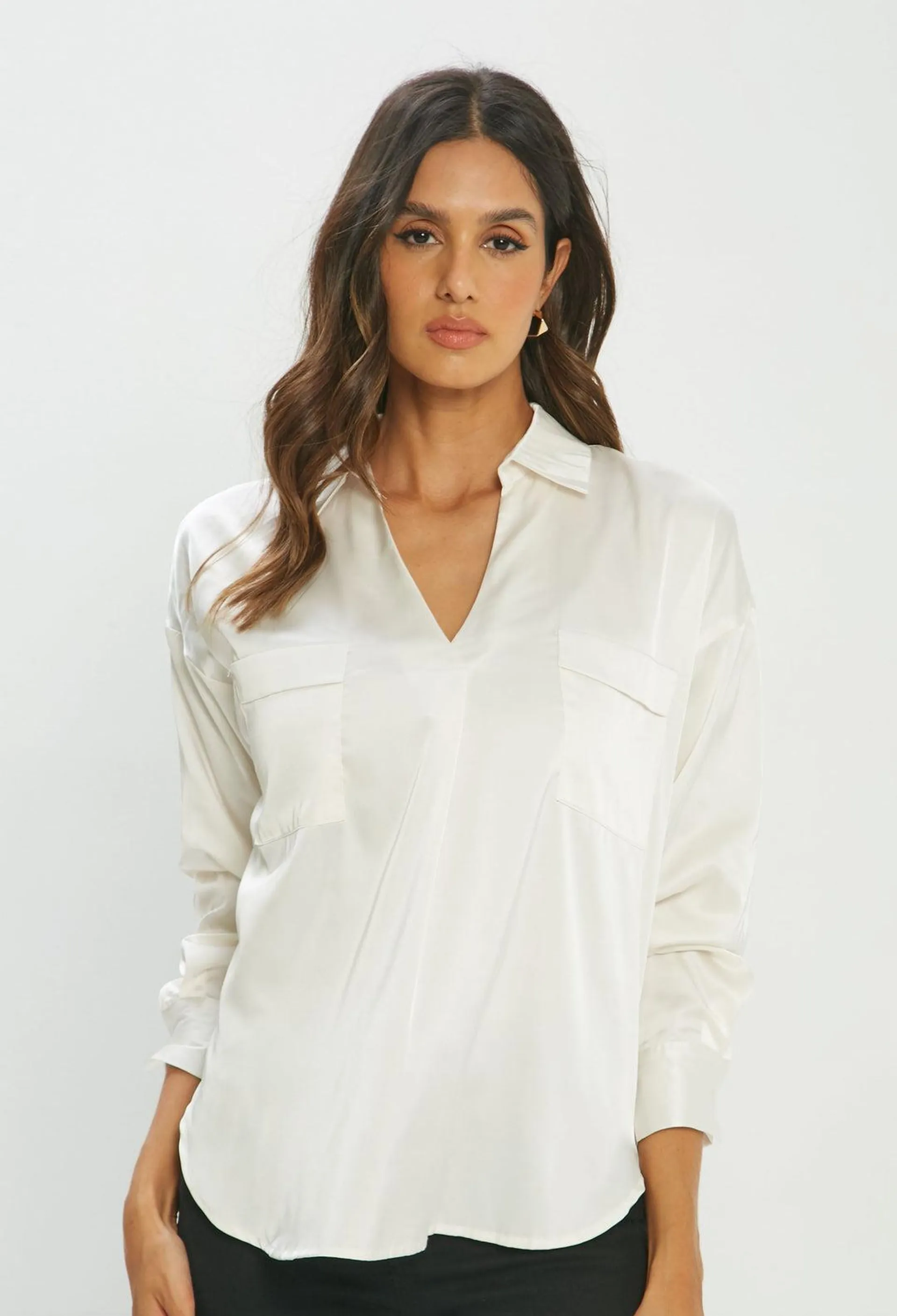 Camisa Satén Bolsillos Mujer - SALE