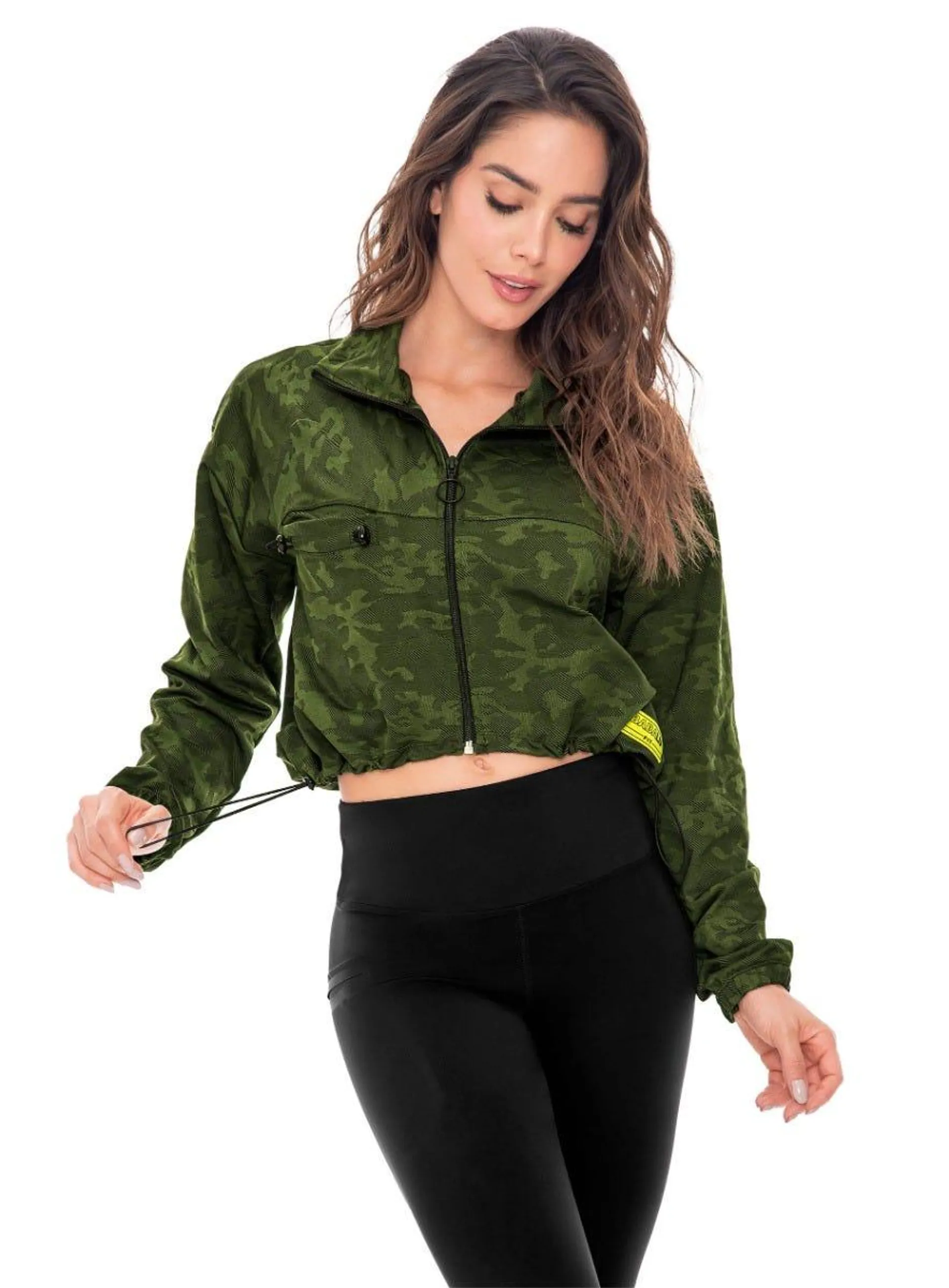 CHAQUETA DEPORTIVA MUJER EN TELA JACQUARD CON CIERRE FRONTAL Y CORDÓN PARA AJUSTE A LA MEDIDA TALLA S - M