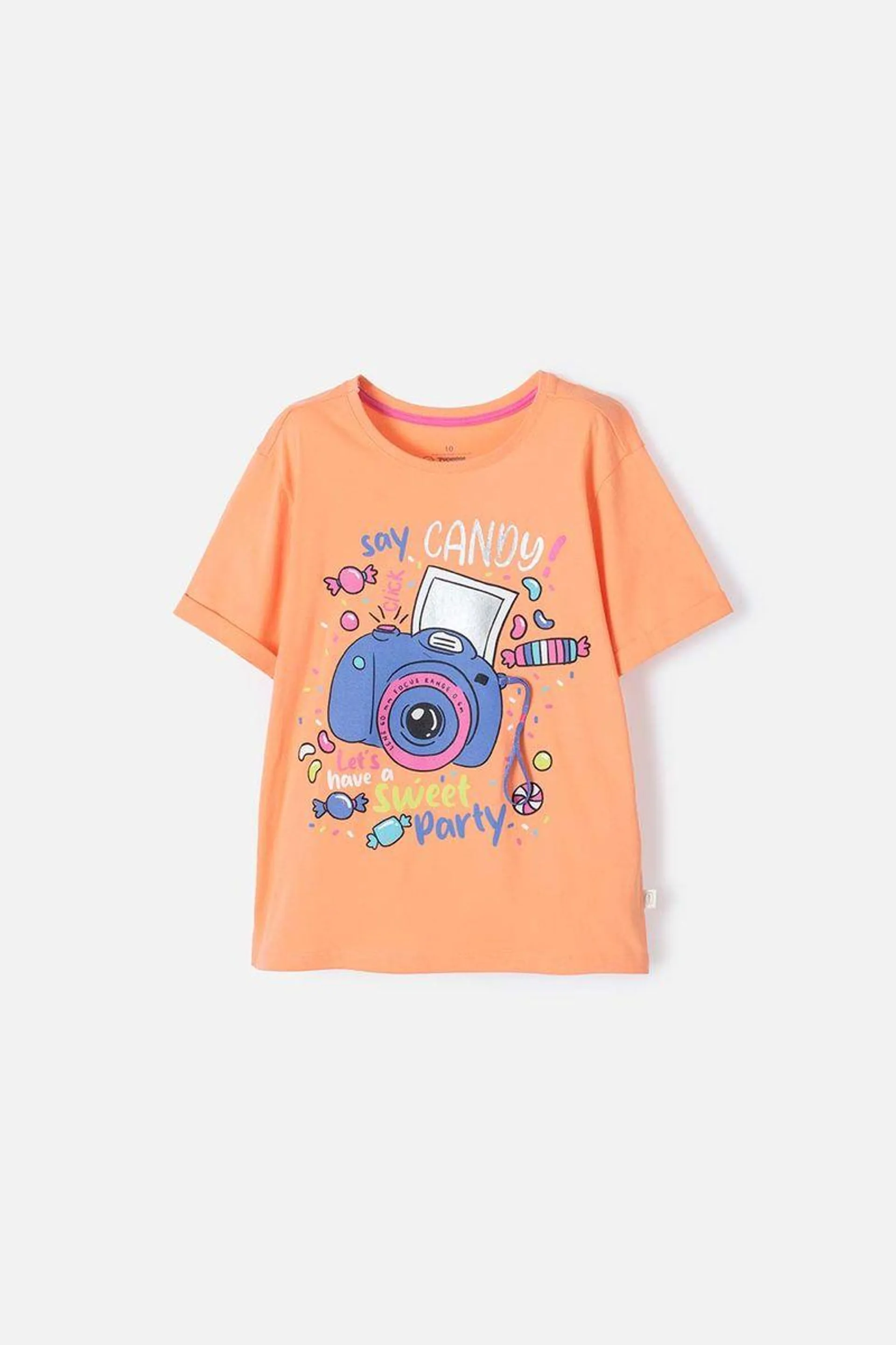 Camiseta Mic naranja con estampado en frente para niña