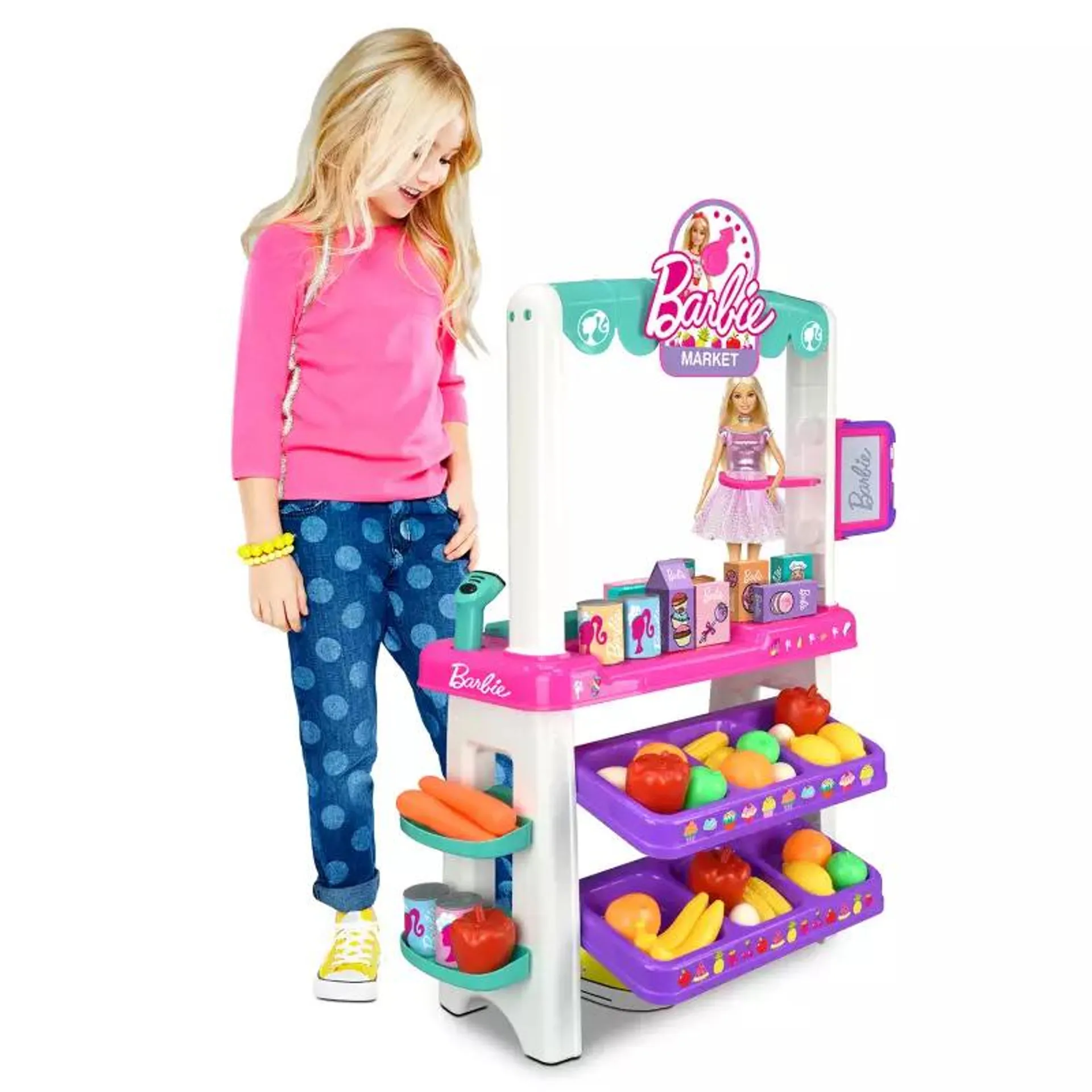 Barbie Supermercado de juguete altura 86 CM , incluye ( Alimentos + Estantes + Lector codigo de barras + Tablero Magnetico), apartir de los 2 años Necesita Pilas