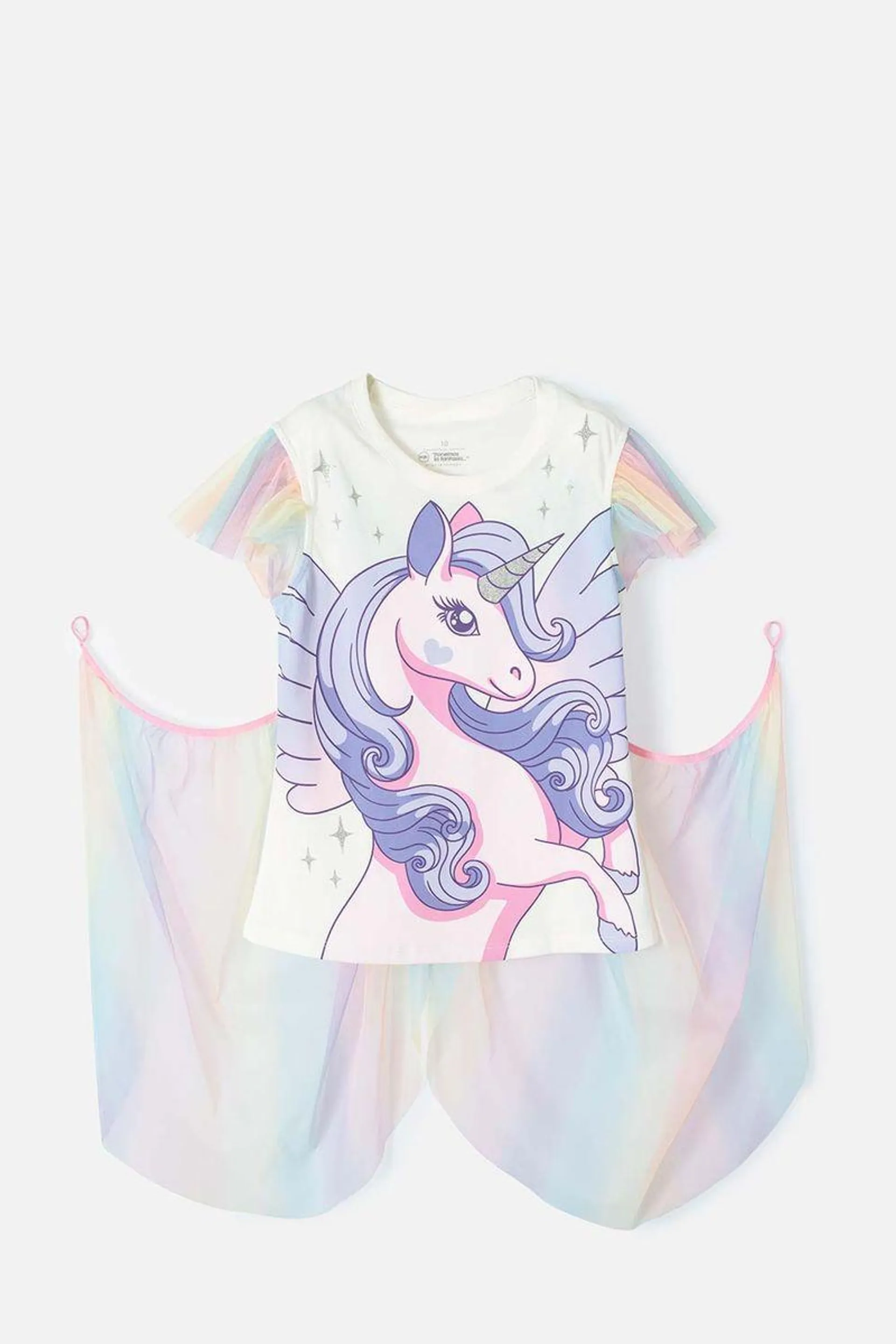 Camiseta de unicornio marfil y multicolor con capa para niña