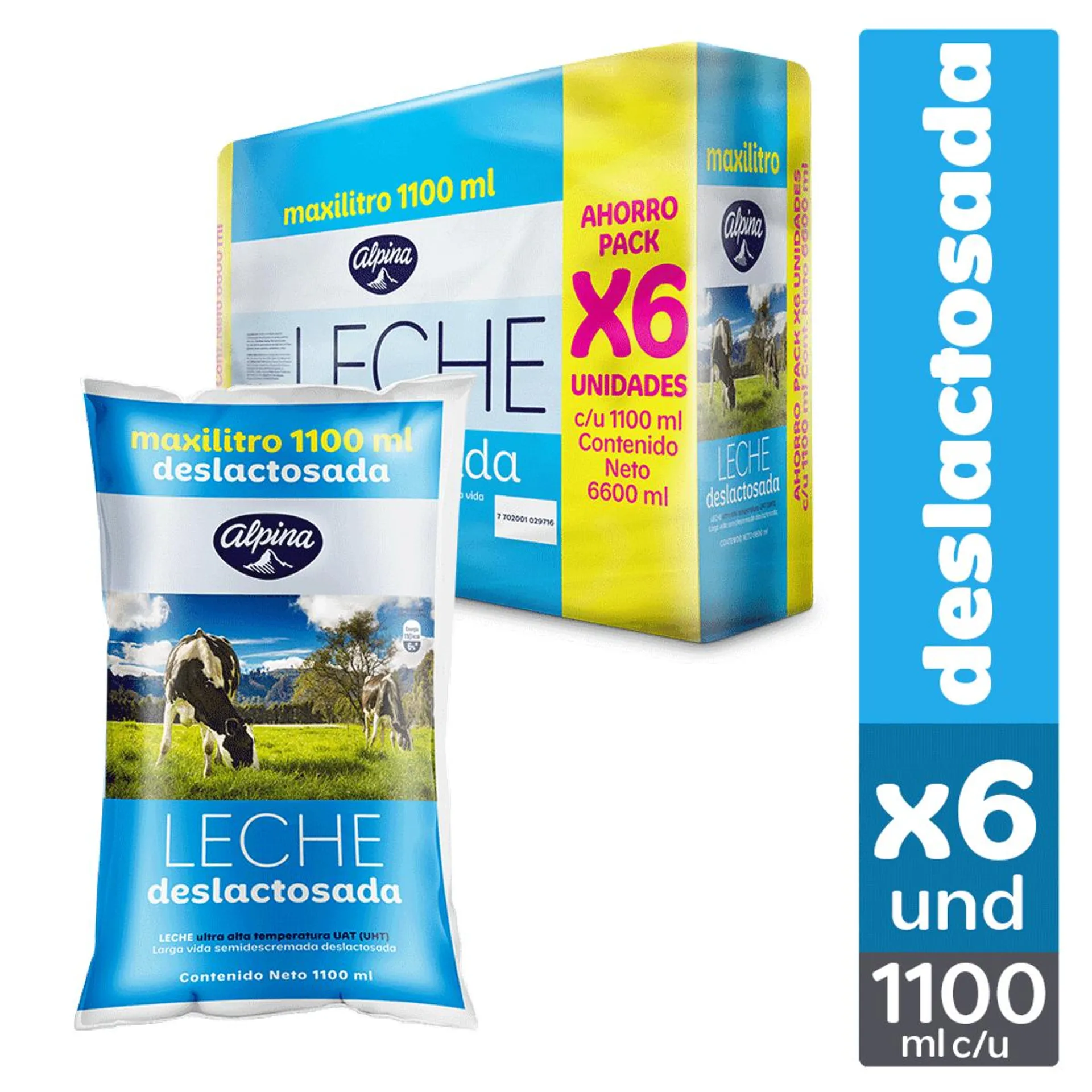 Leche deslactosada Alpina bolsa x6und x1100ml c-u