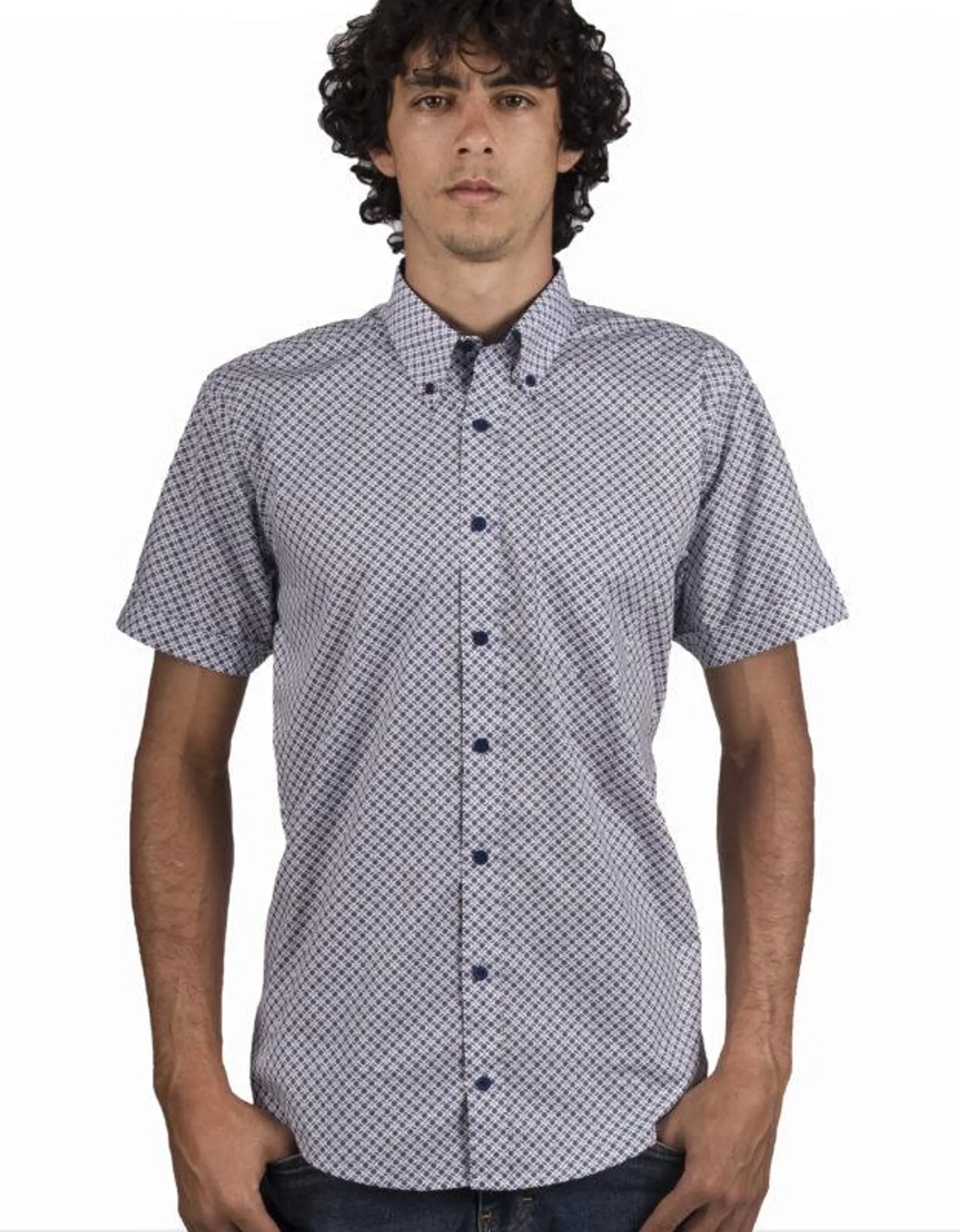 Camisa Manga Corta en Algodón Estampado Circulos Y Puntos Rojos – Moldería informal