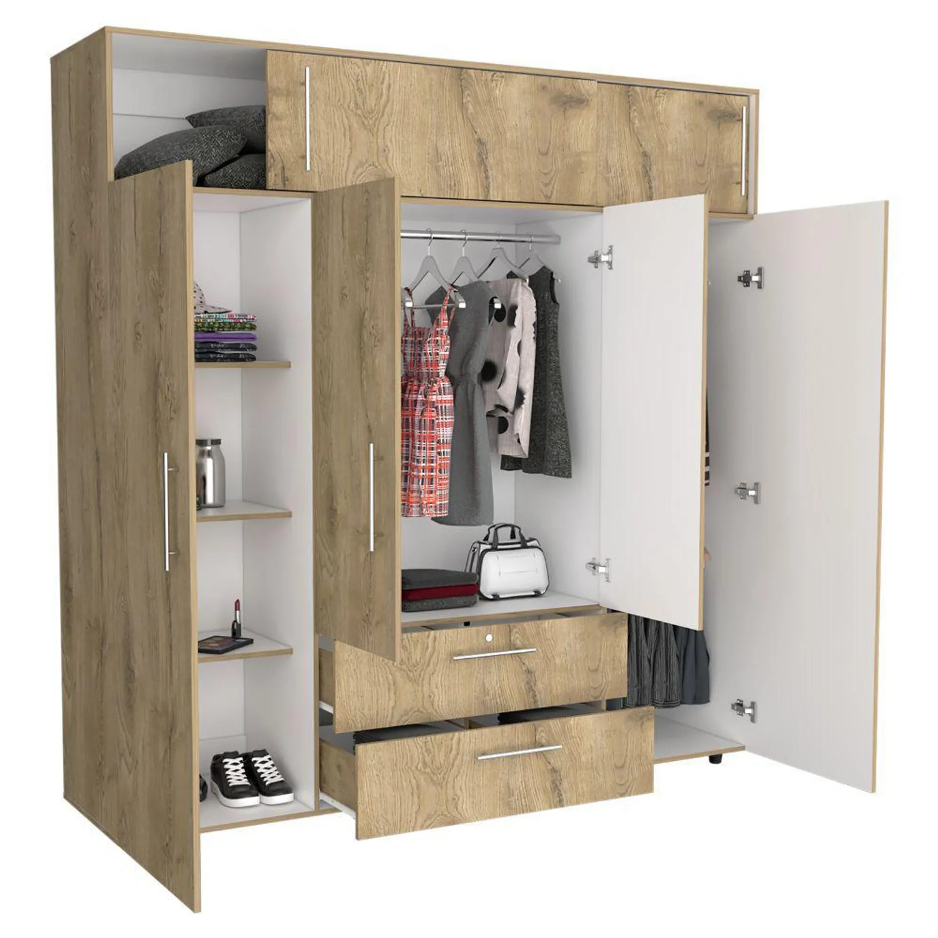 Closet babel, macadamia y blanco, con cuatro puertas abatibles y cuatro cajones multiusos