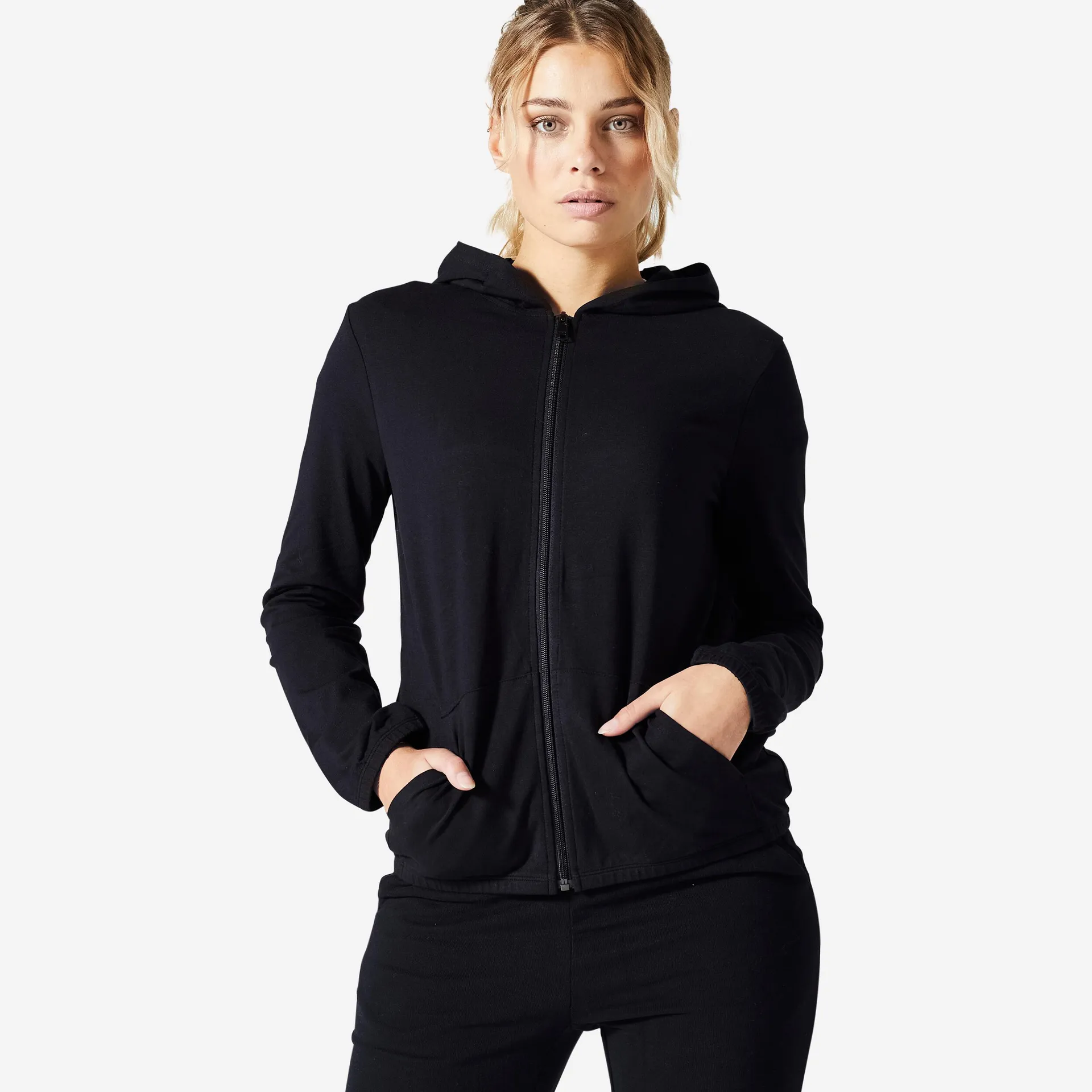 Chaqueta de fitness con capucha y bolsillos para Mujer Domyos 100 negro