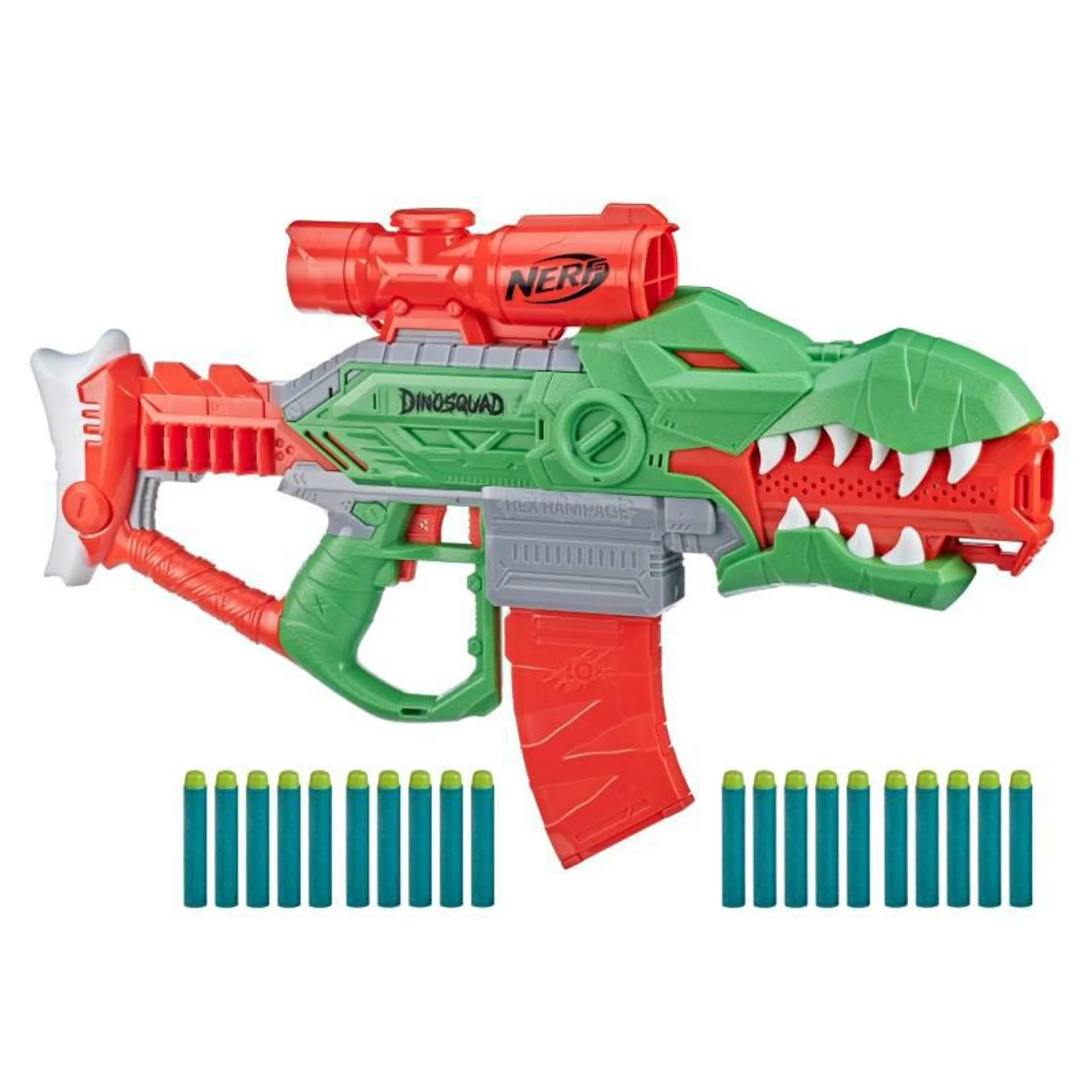 Lanzador Nerf Dinosquad Rex Rampage. Incluye: lanzador, clip, 20 dardos e instrucciones. (A partir de 8 años)