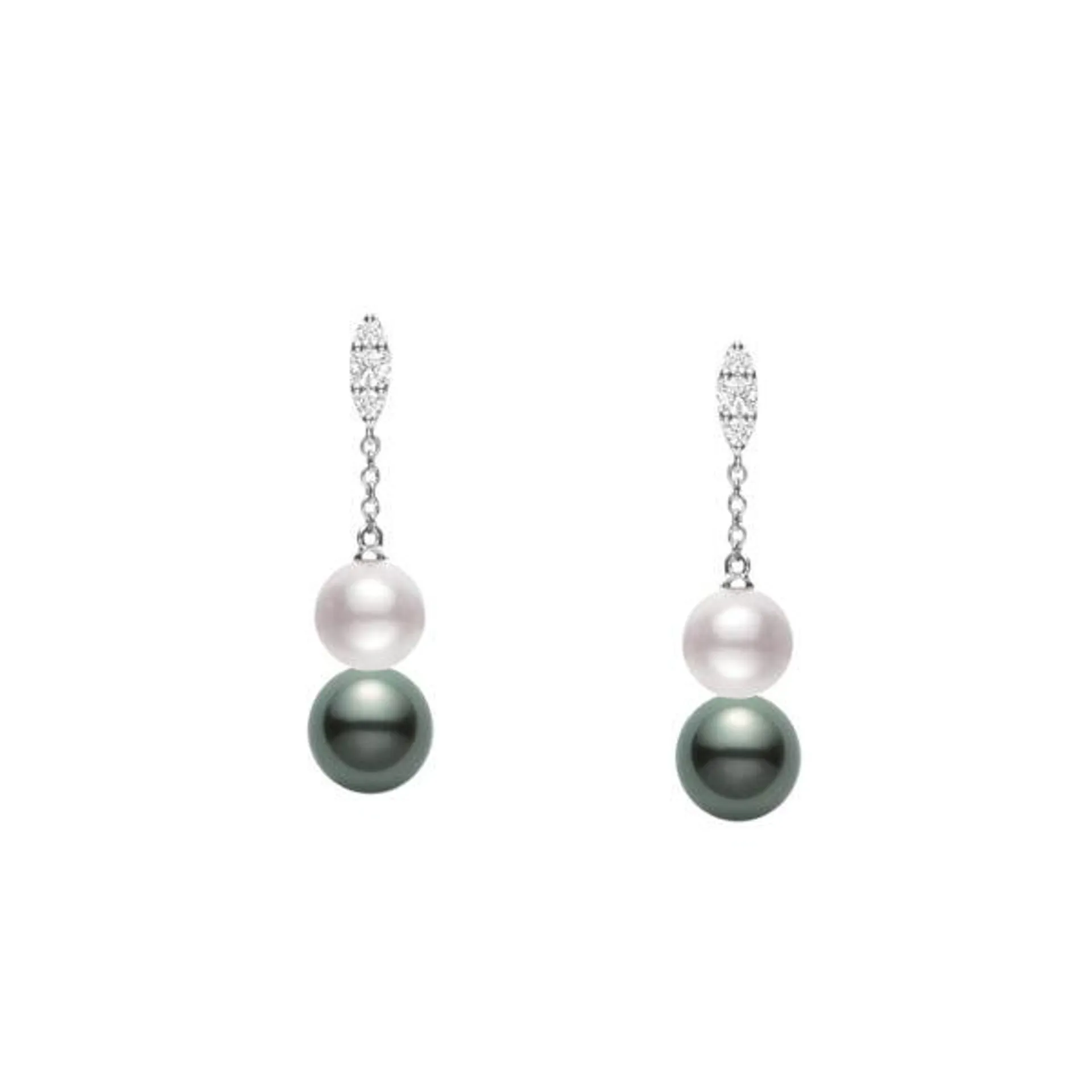 Aretes largos jackets mikimoto oro blanco 18K, perlas Akoya y diamantes