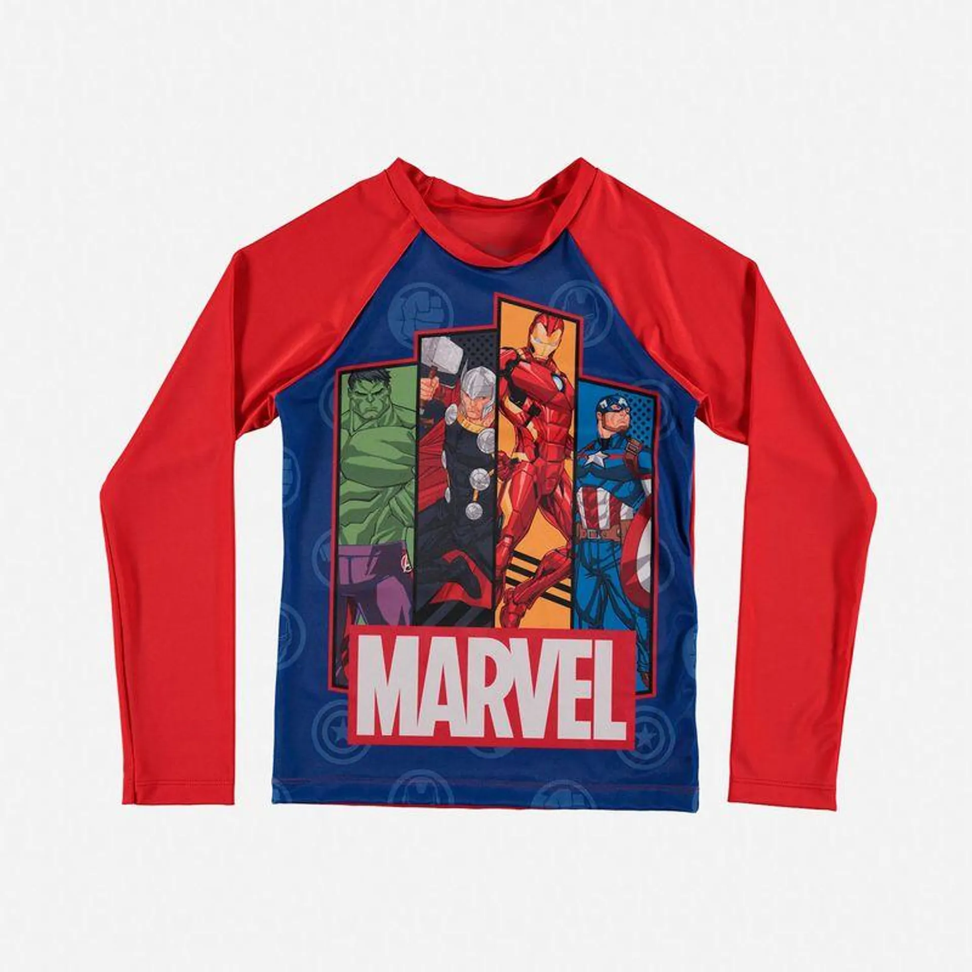 Camiseta baño Marvel manga larga azul y roja para niño