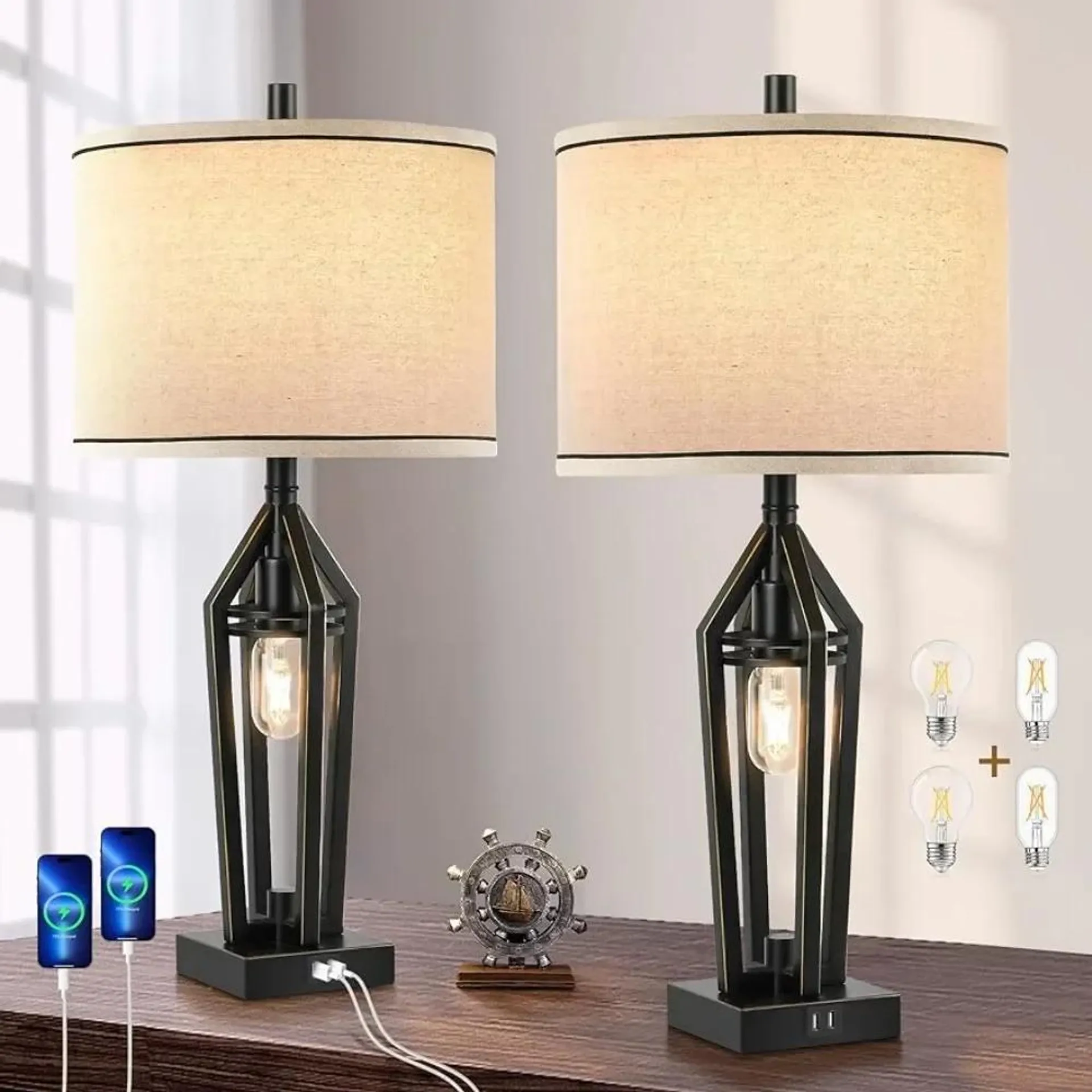 Lamp Bedside Table 4 LED Bulbs Decoration for Bedroom Tall Industrial Rustic Bedroom Lamps for Living Room Decor Indoor Lighting