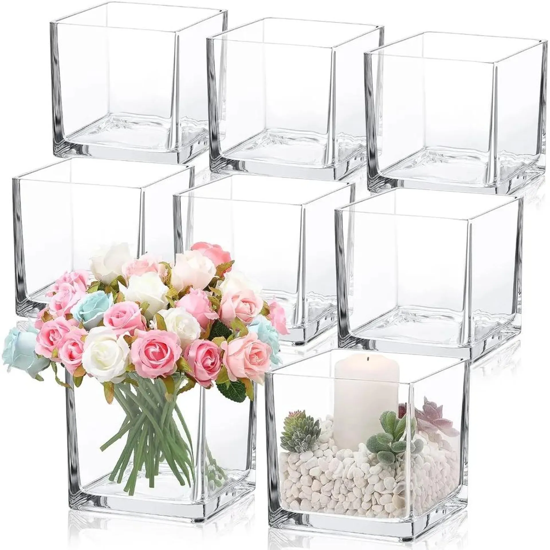 8 Pieces Square Glass Vase 6 x 6 x 6 Inch Clear Cube Vase Wedding Flower Vase for Centerpiece Home Garden Wedding Decorations