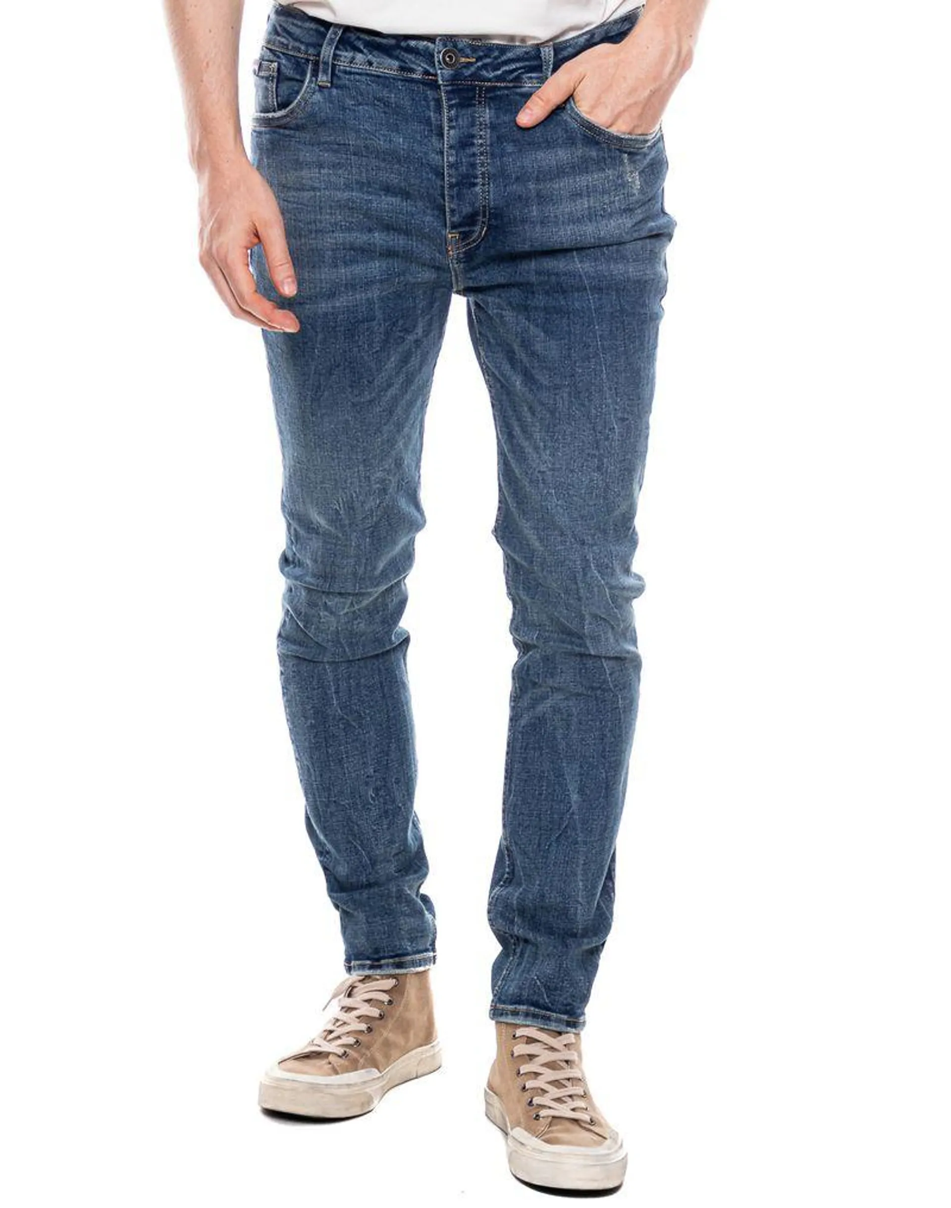 Skinny Fit Jeans Tono Oscuro Con Botonadura Interna