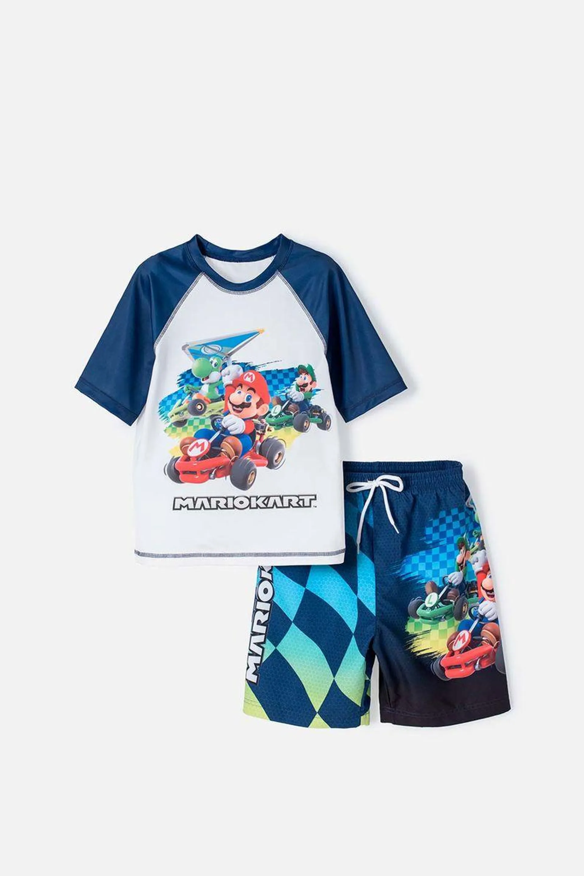 Conjunto de baño Mario Bross con manga corta blanco y azul para niño