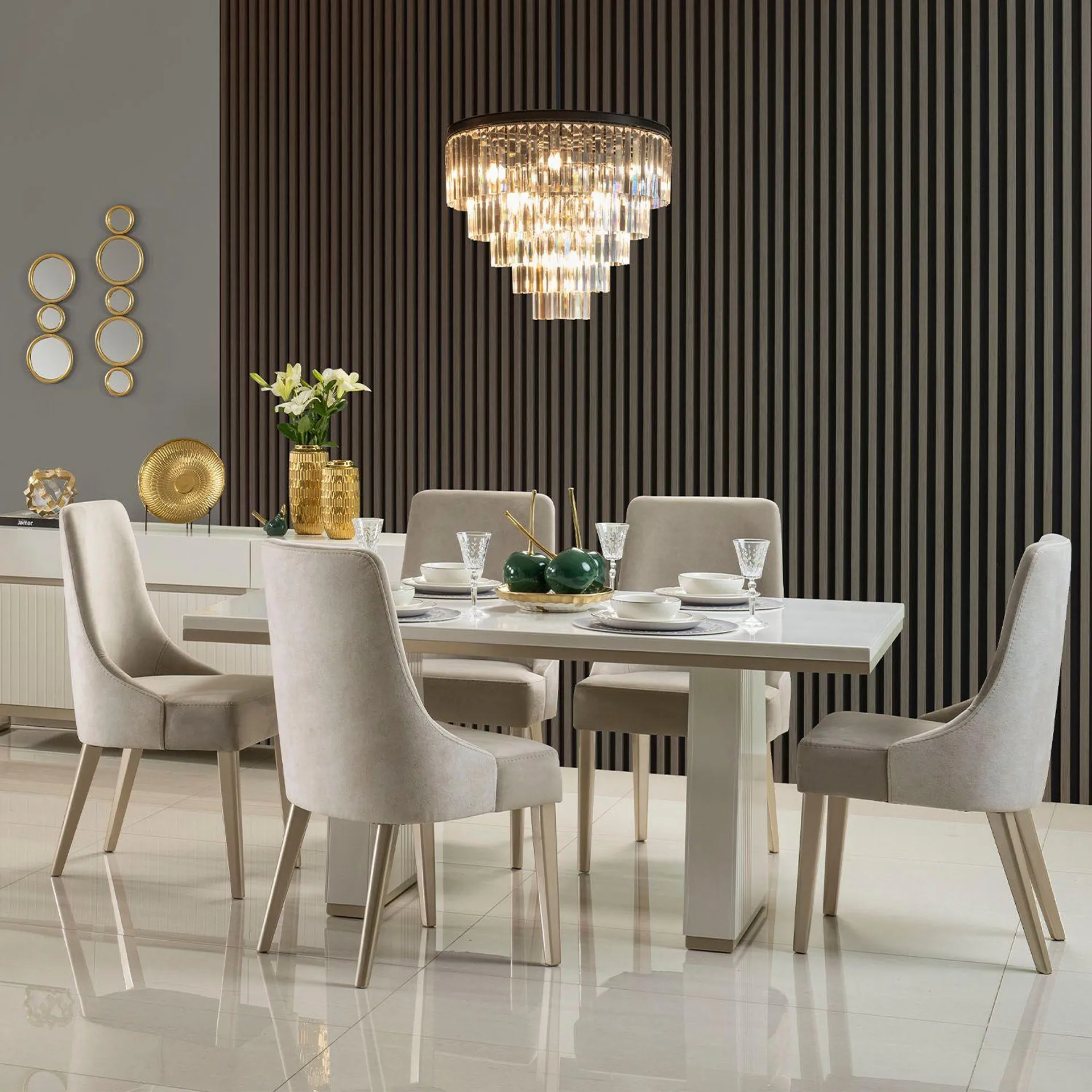 Comedor Berlin 6 puestos Velvet Beige, Champaña