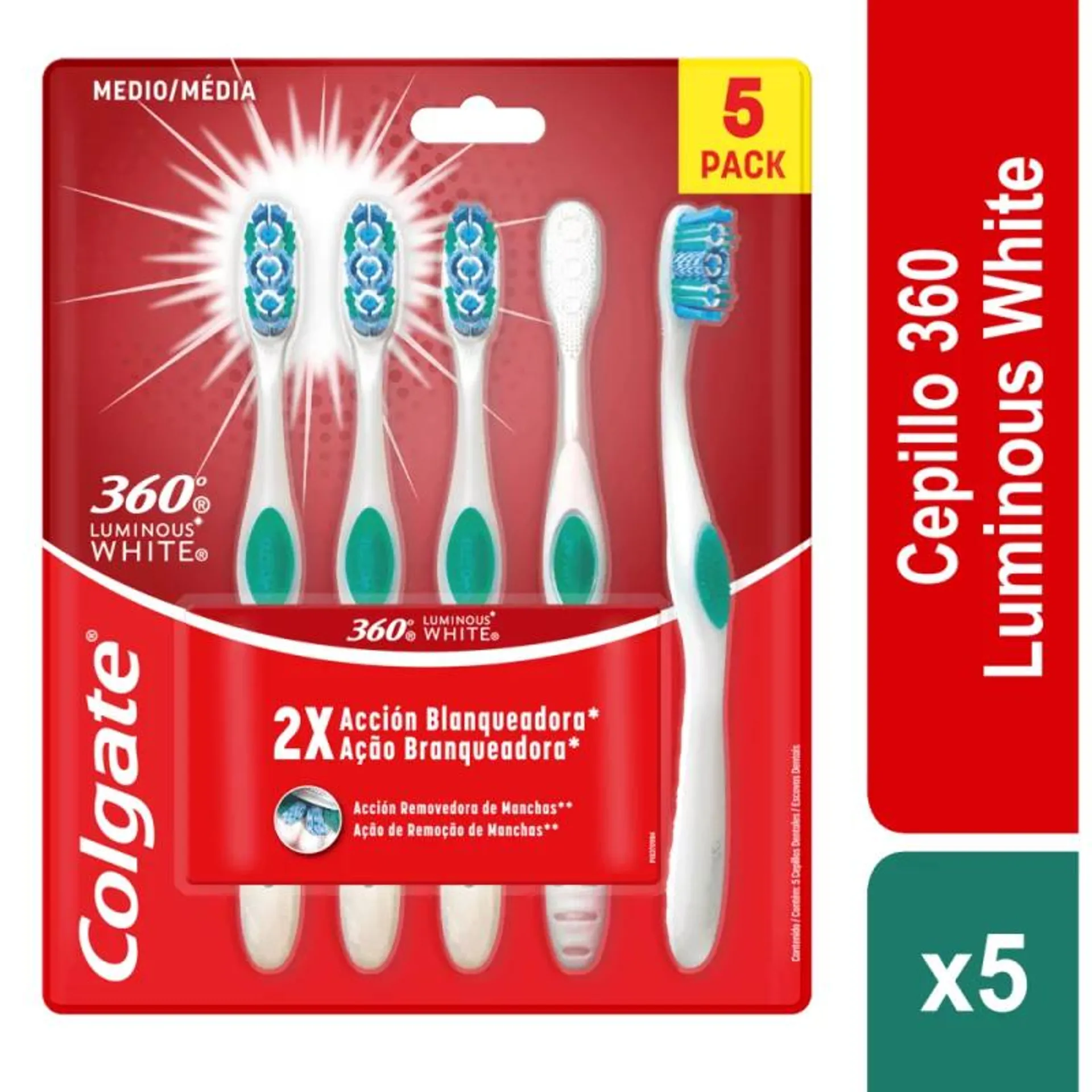 Cepillo Dental Colgate 360° Luminous White Medio x 5und