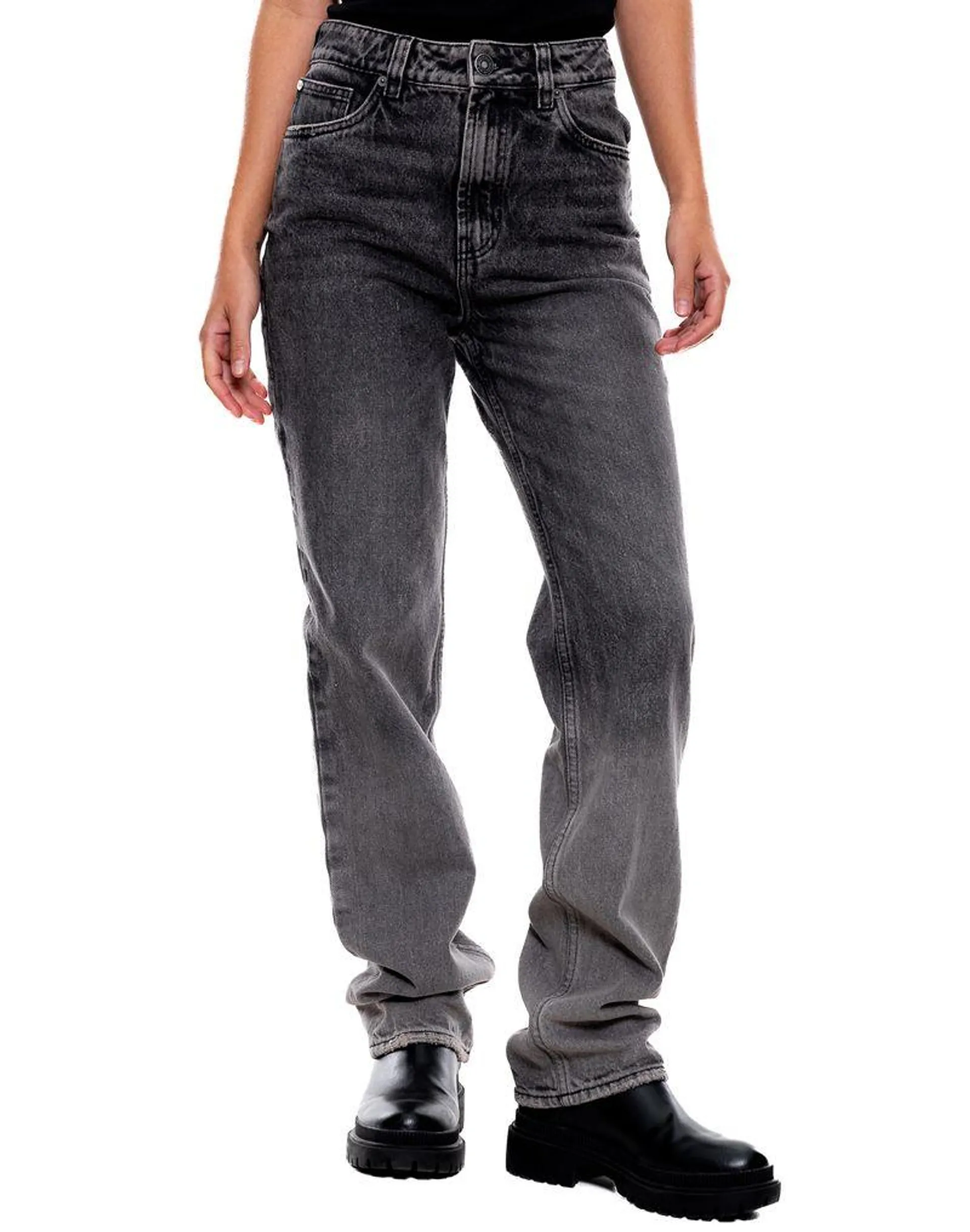 High Waist Black Denim Straight Jeans Com Efecto Degradé