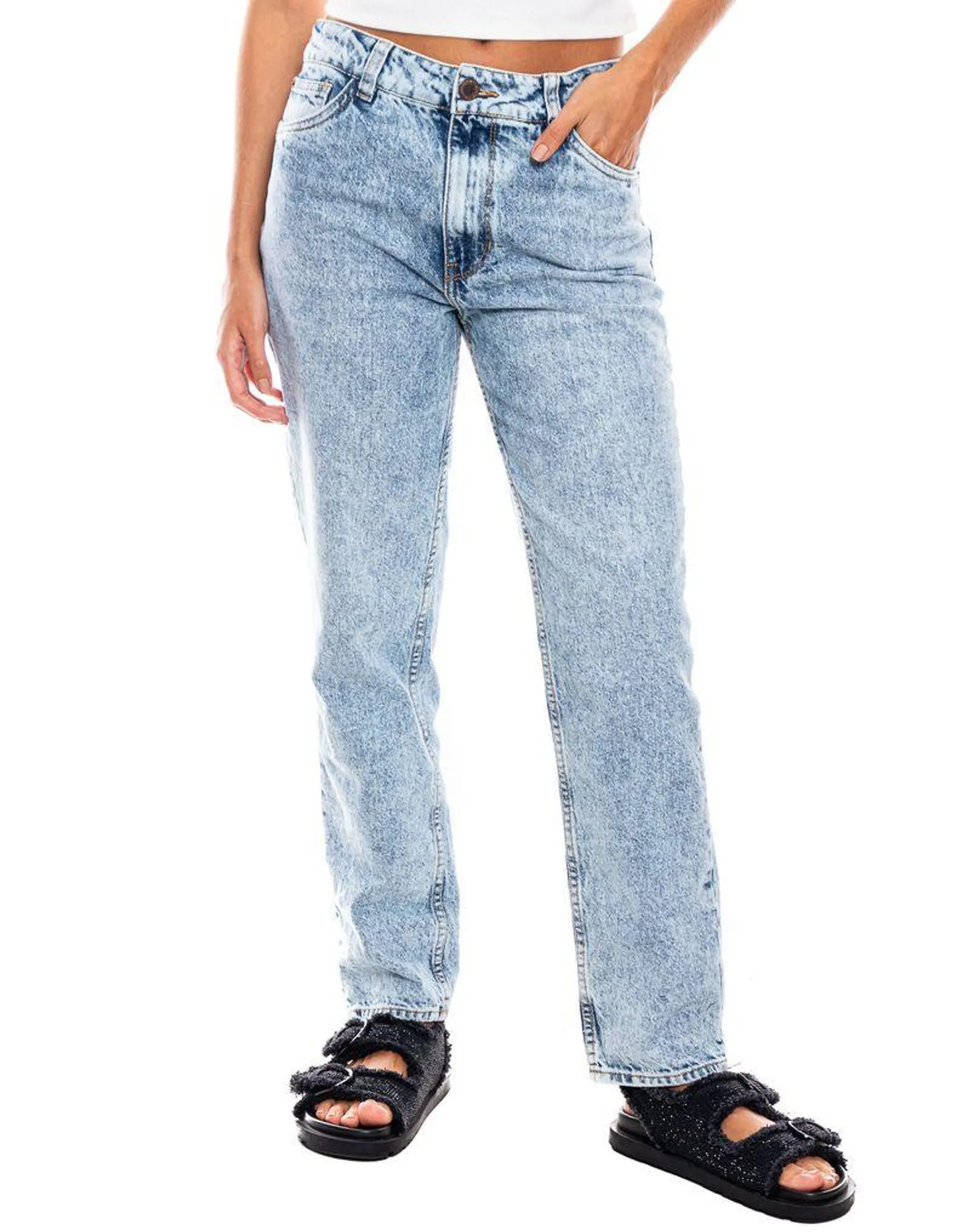 High Waist Straight Fit Jeans Tono Medio