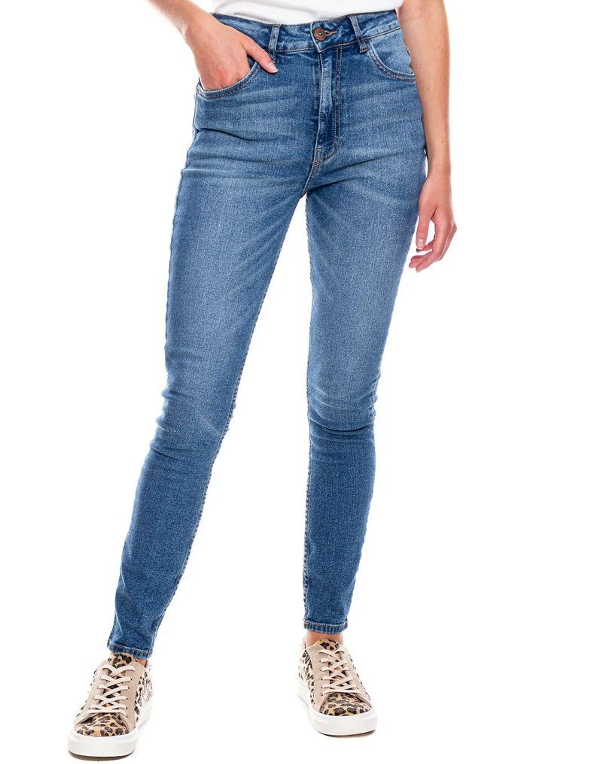 High Waist Skinny Fit Jeans Tono Medio