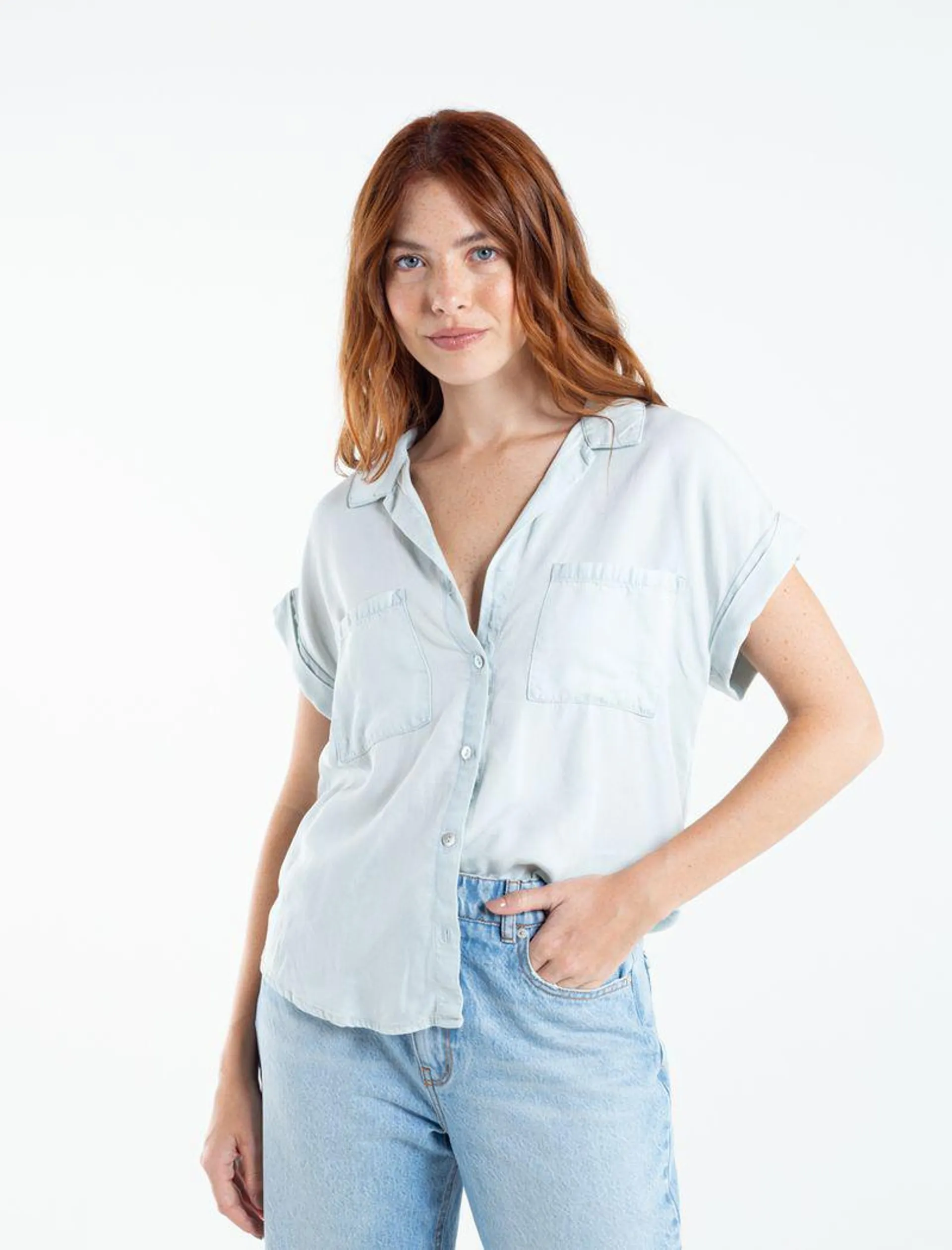 Camisa para mujer azul manga corta Martina en Lyocell infaltable