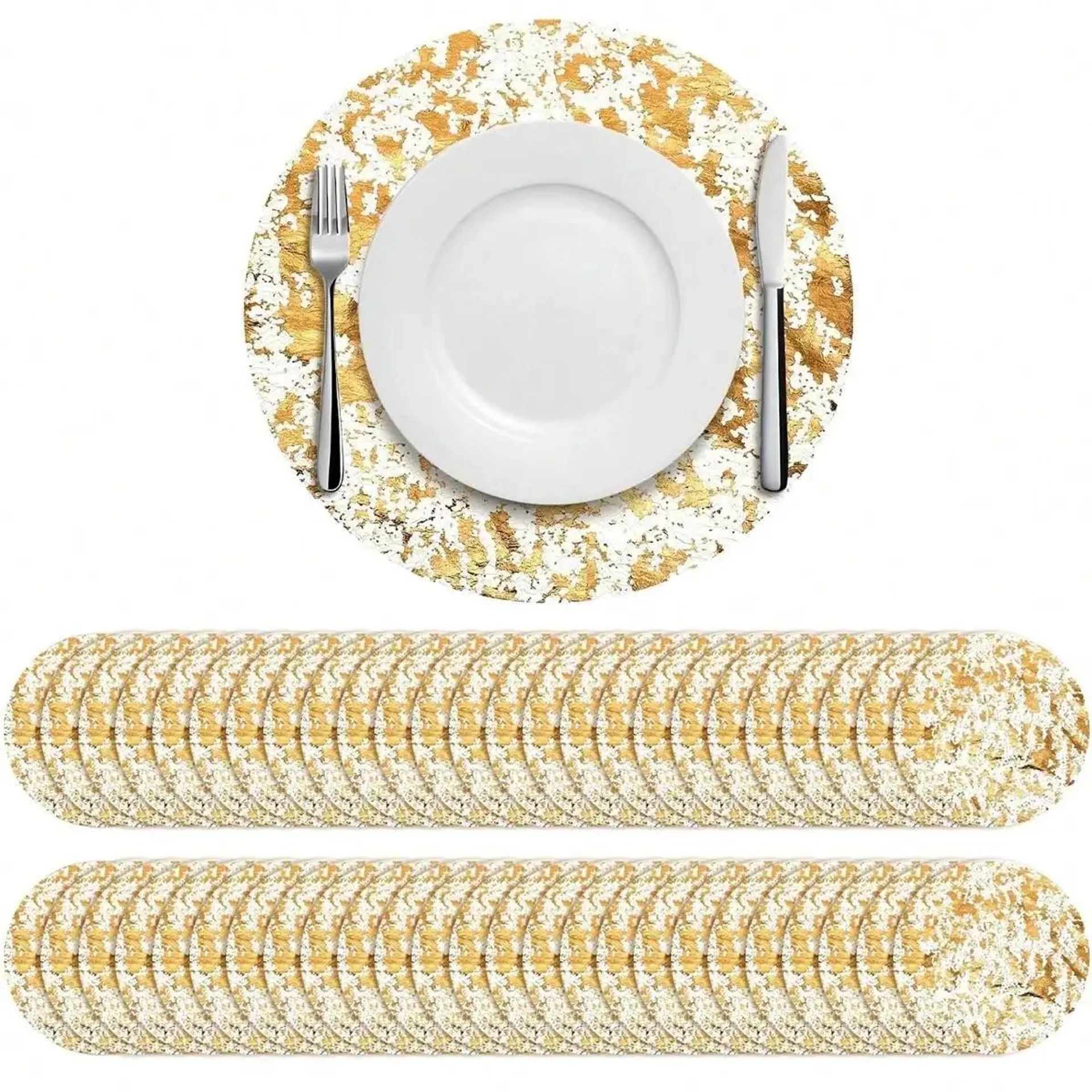 Leeseph Disposable Gold Placemats Set , 13 Inch Round Gold Foil Mesh Pressed Table Mates for Home Decoration Dining Table