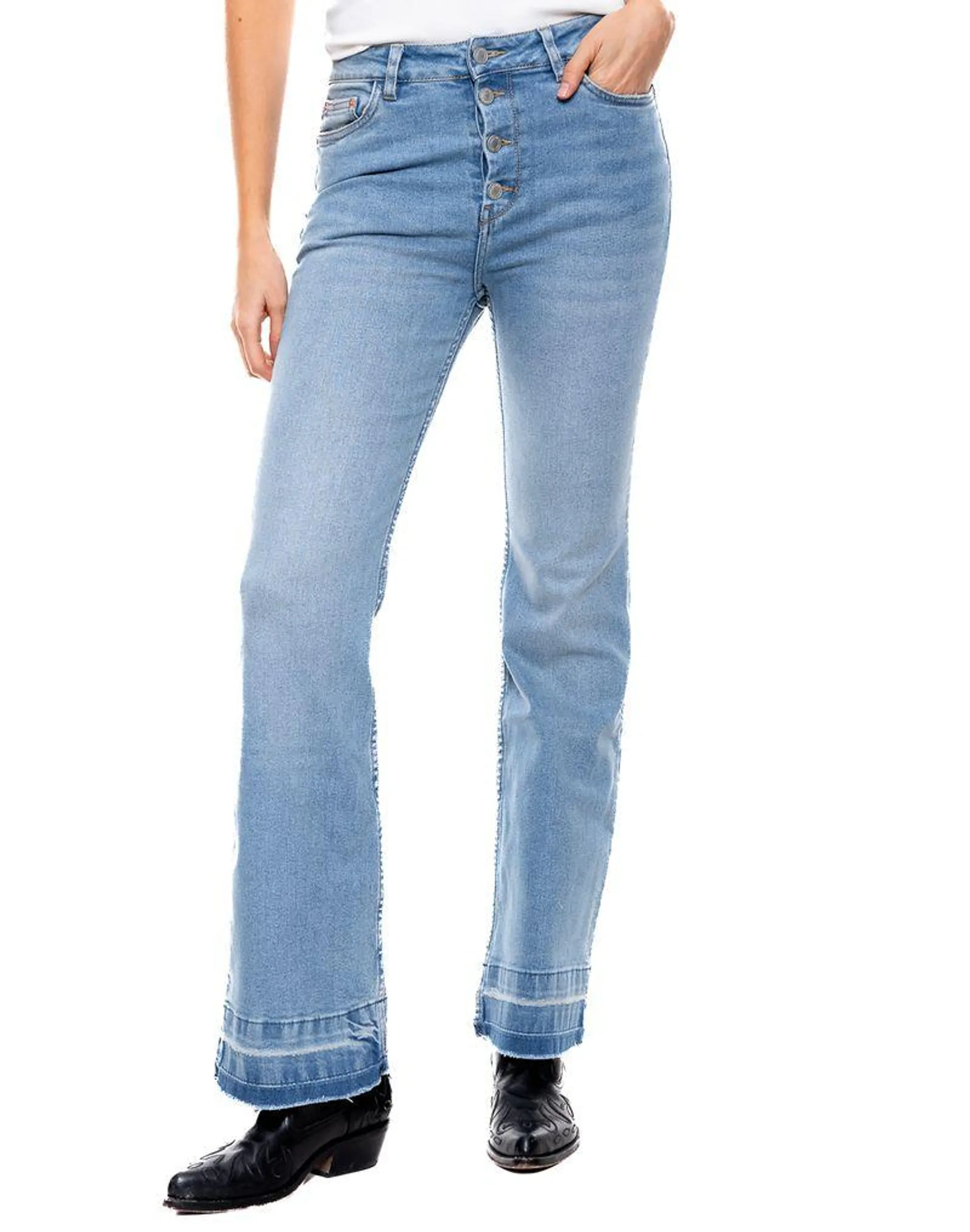 High Waist Flare Jeans Tono Medio Con Botonadura