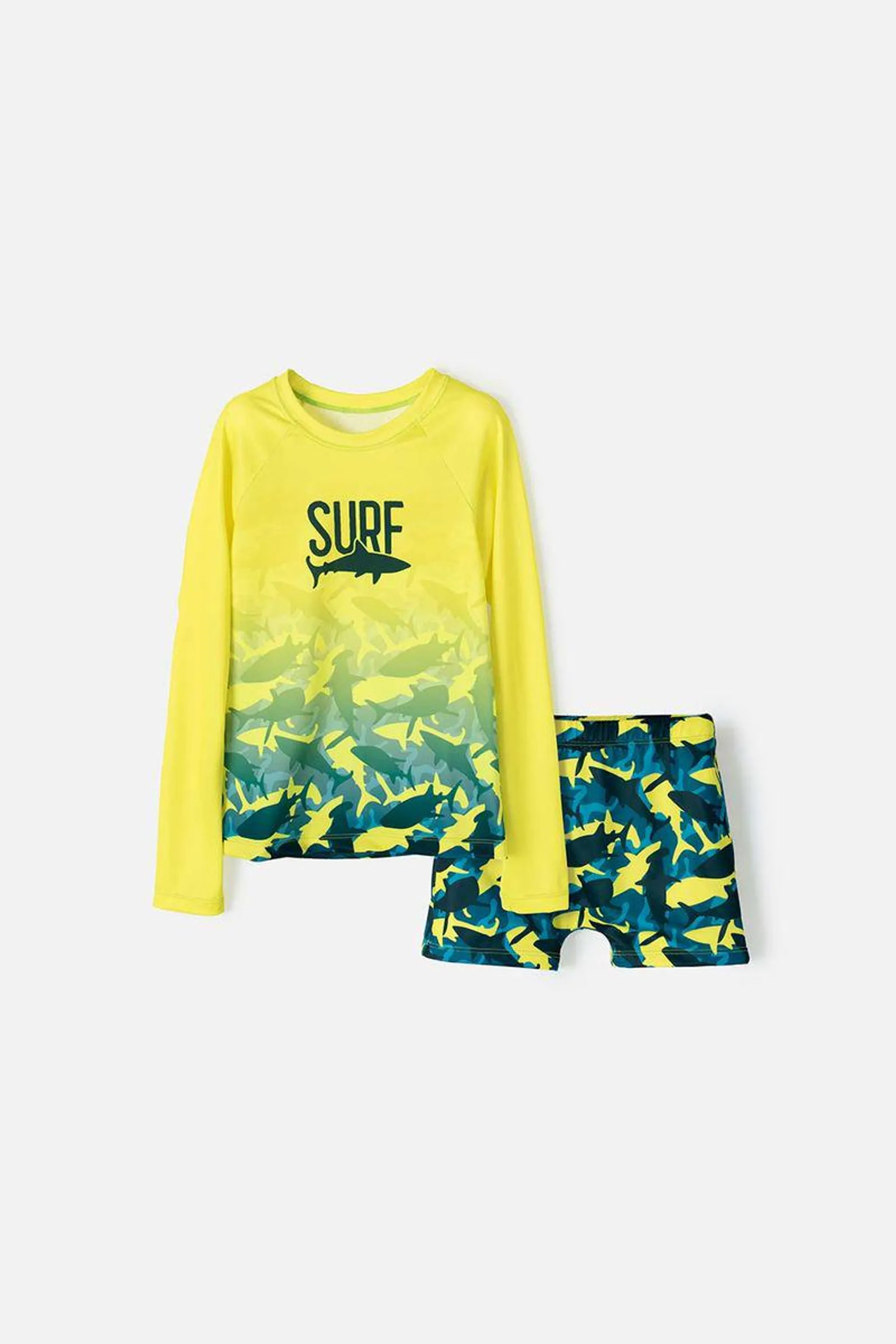 Conjunto de baño Mic con manga larga verde y amarillo para niño