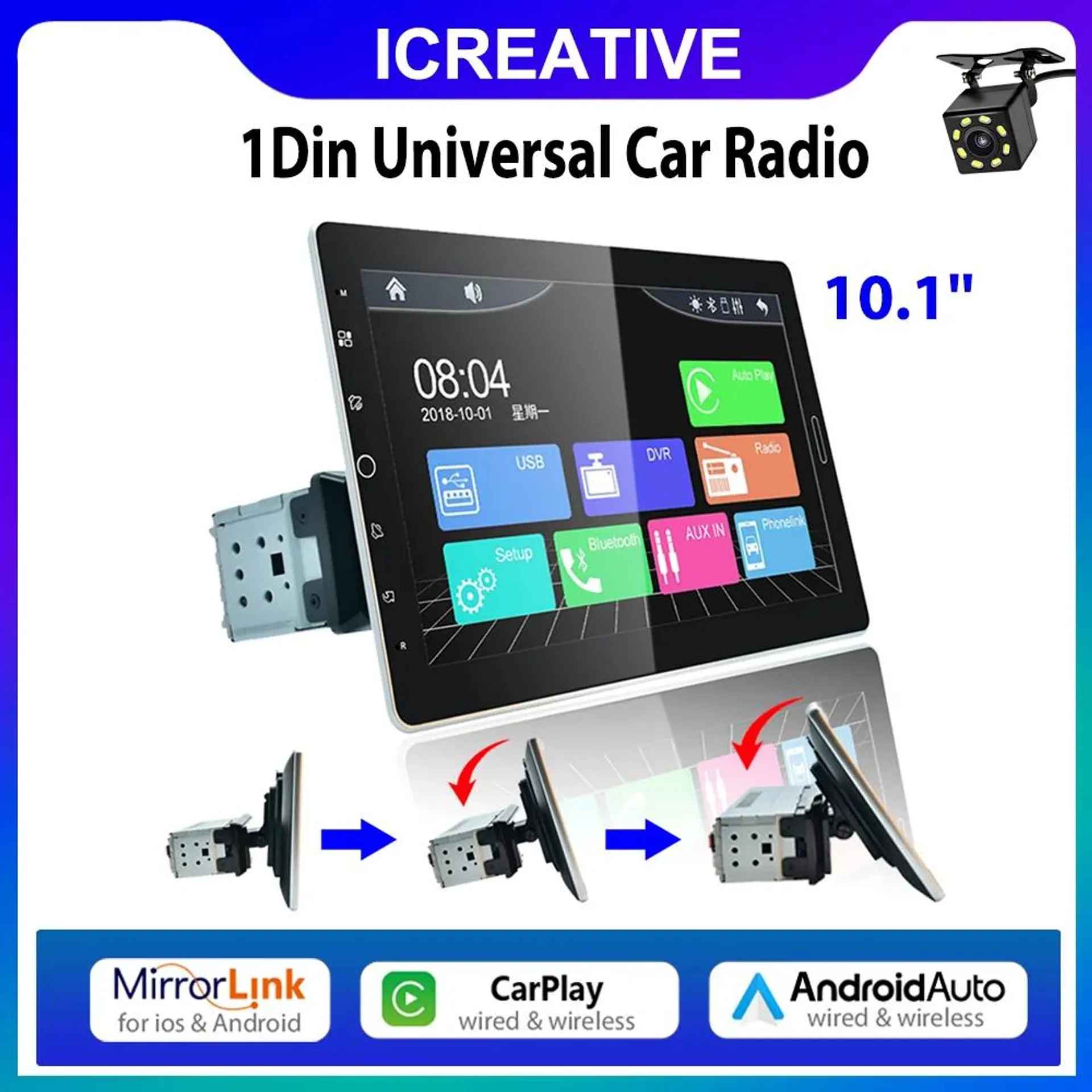 1Din Car Radio Universal 10.1'' Touch Screen CarPlay Multimedia Player Wireless Android Auto Mirror Link Mp5 Display Navigation