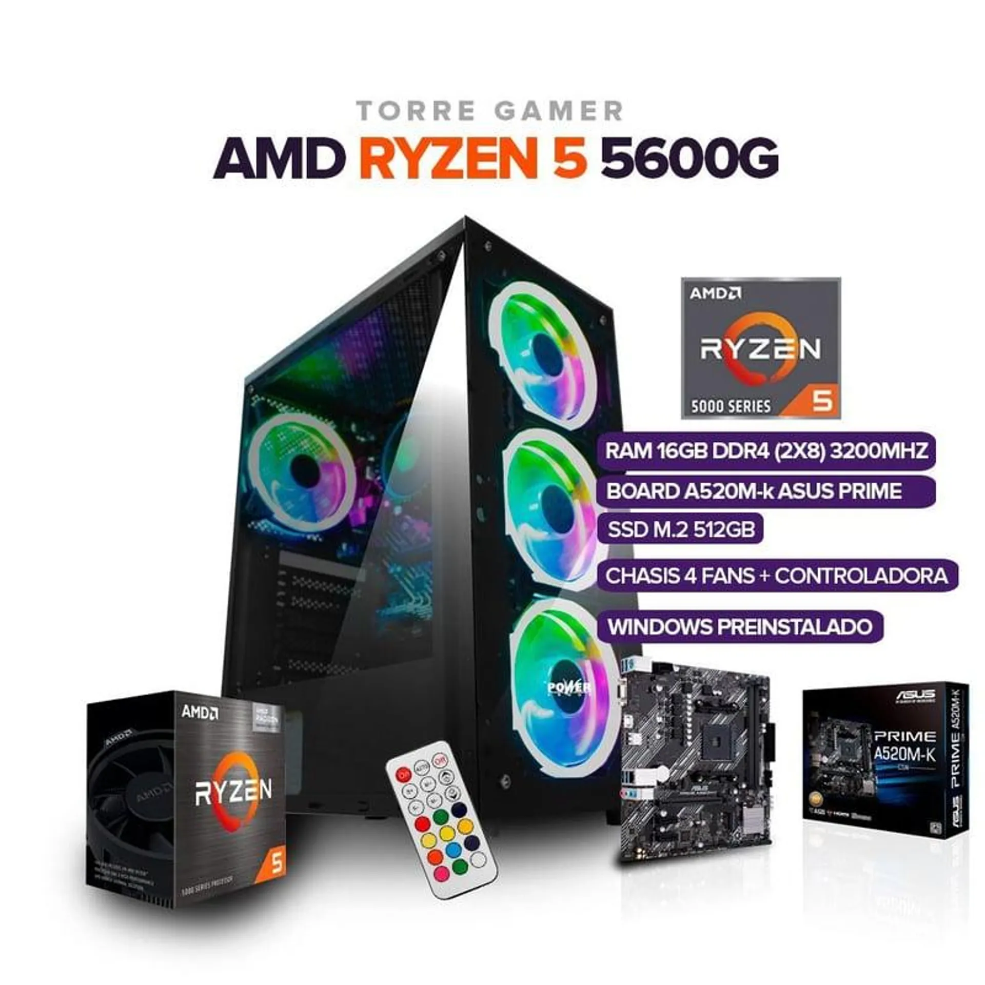 TORRE GAMER RYZEN 5 5600G/ 16GB RAM /512 M,2 SSD/ BOARD A520M