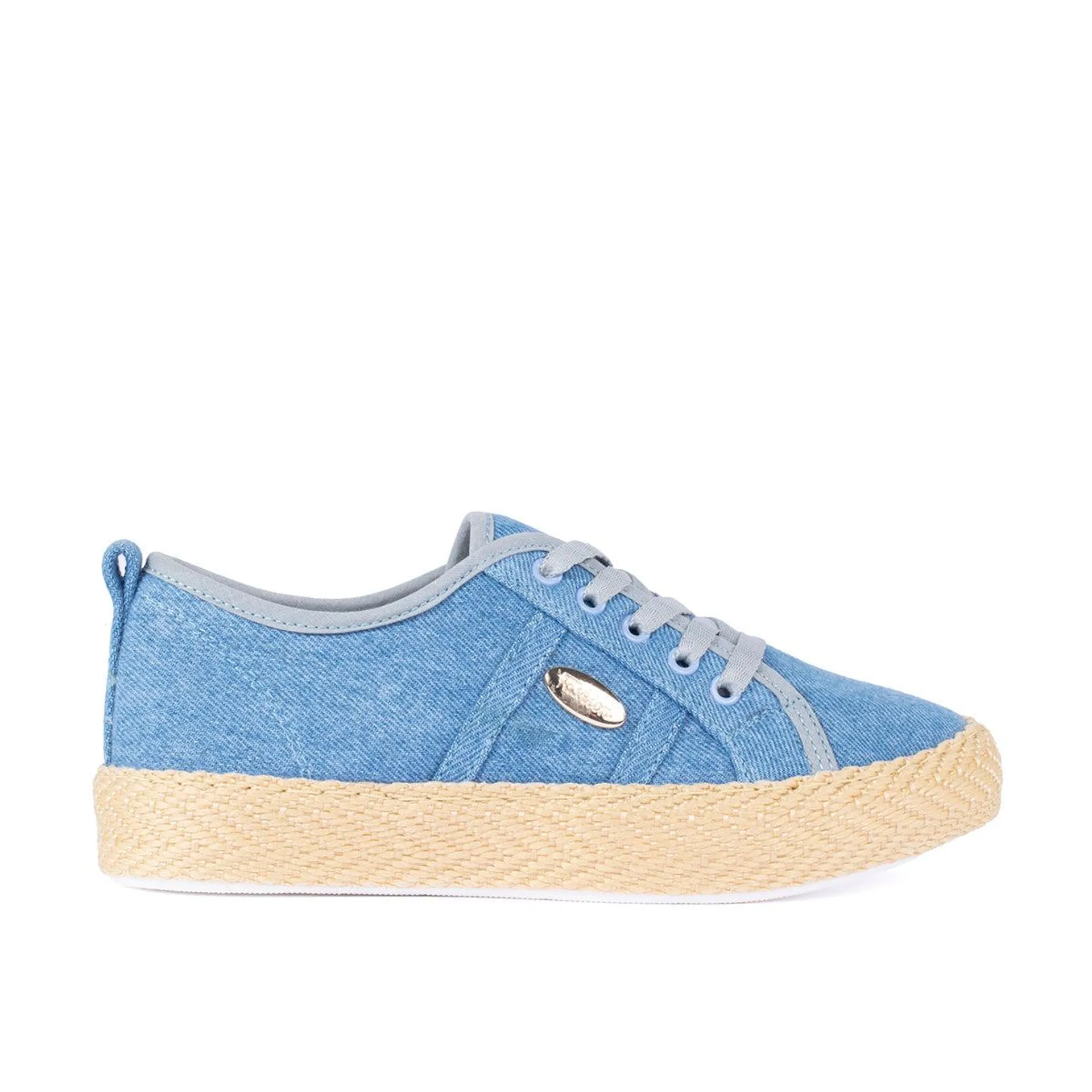 Ataduras color azul claro en denim con suela de yute