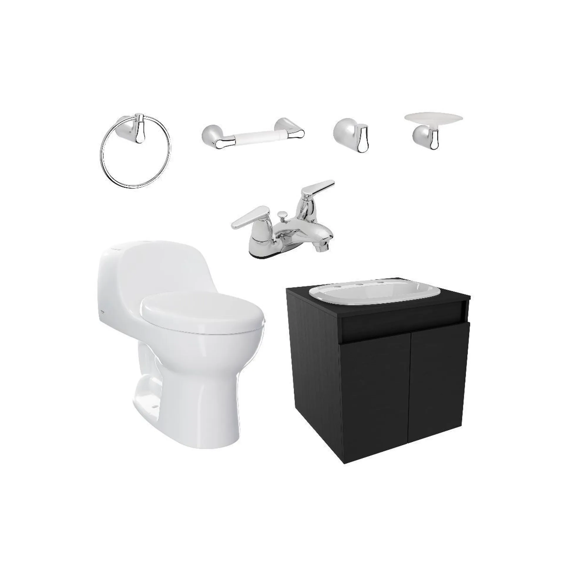 Combo Montecarlo Advance Cascade: Sanitario con taza redonda, mueble elevado con lavamanos, grifería y accesorios