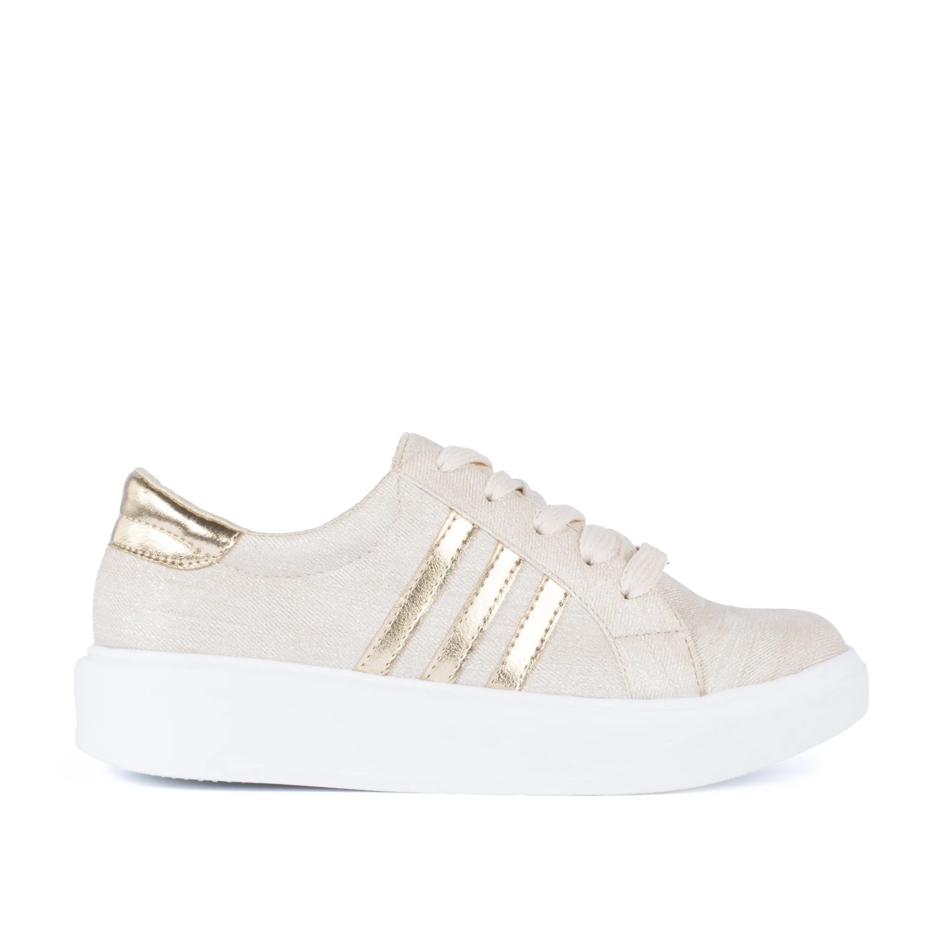 Tenis casuales color beige en denim con detalles dorados