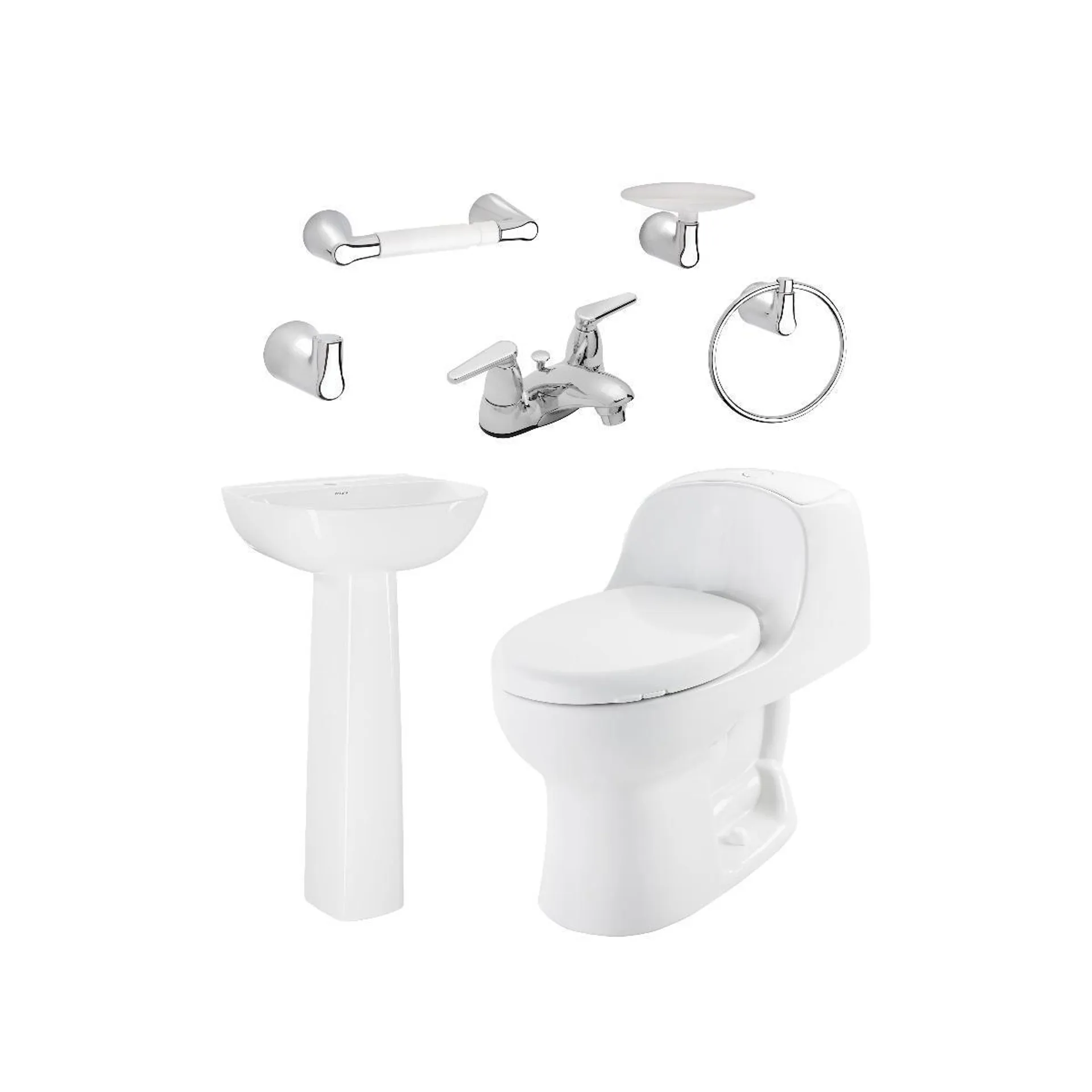 Combo Montecarlo Advance Manantial: Sanitario con taza redonda, lavamanos con pedestal, grifería y accesorios