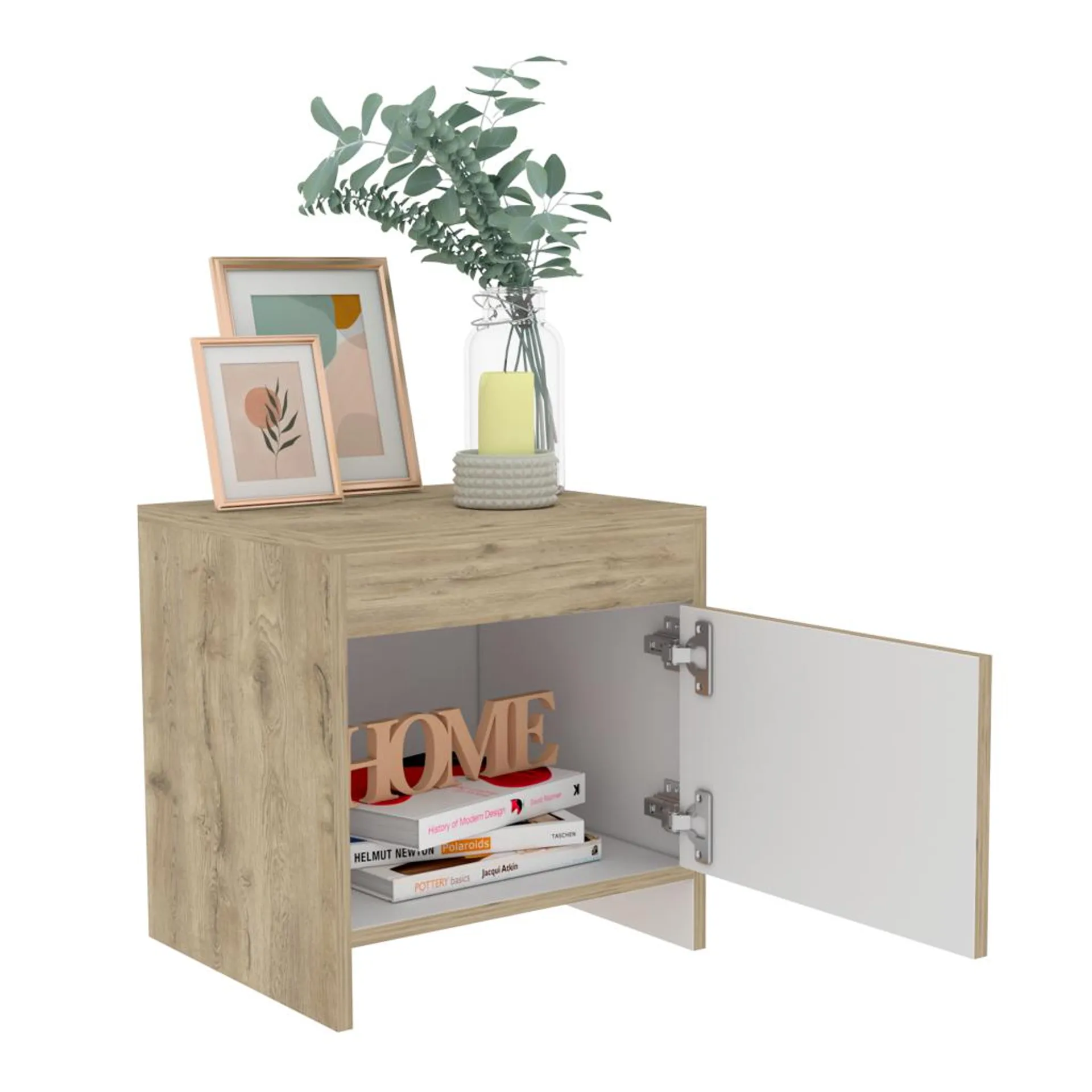 Mesa de noche tutto, macadamia y blanco, con cajón para guardar objetos ideal para espacios reducidos
