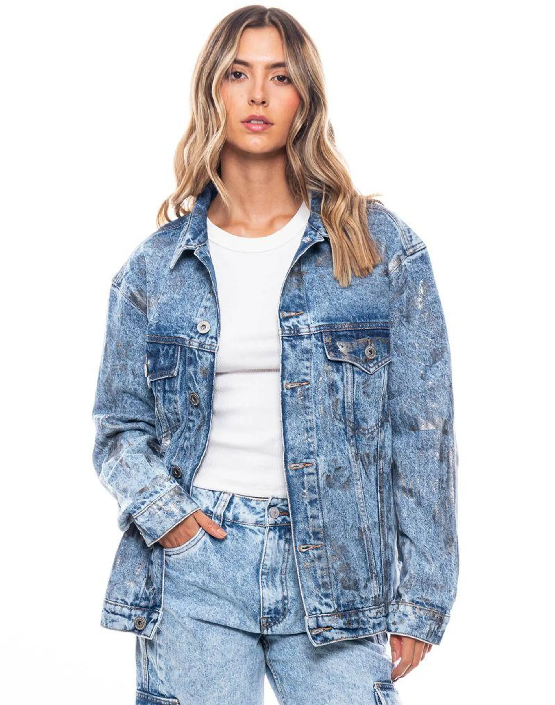 Chaqueta Denim Trucker Oversized Tono Medio Con Foil