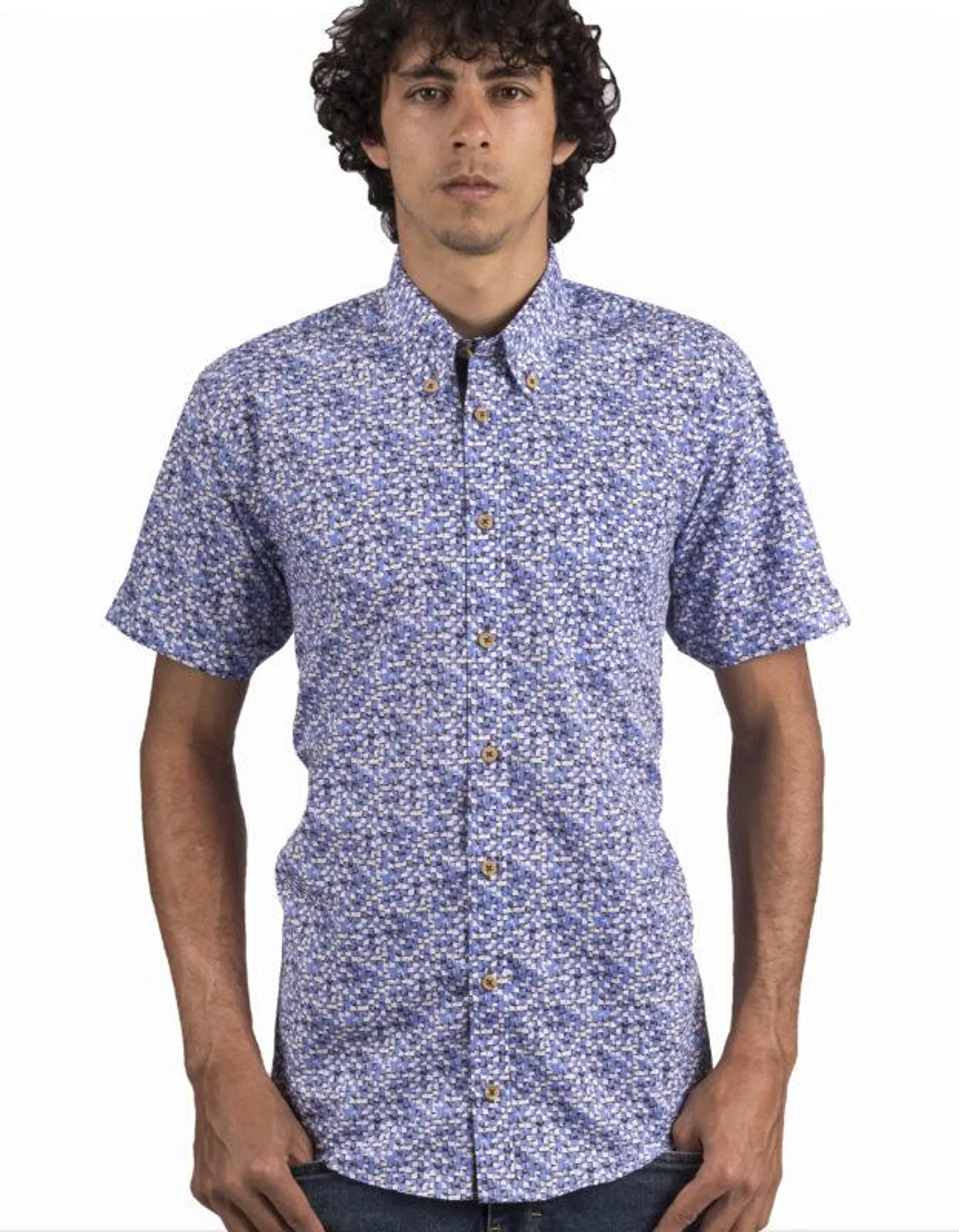 Camisa Manga Corta En Algodón Cuadros Abstractos Azul Royal – Moldería informal