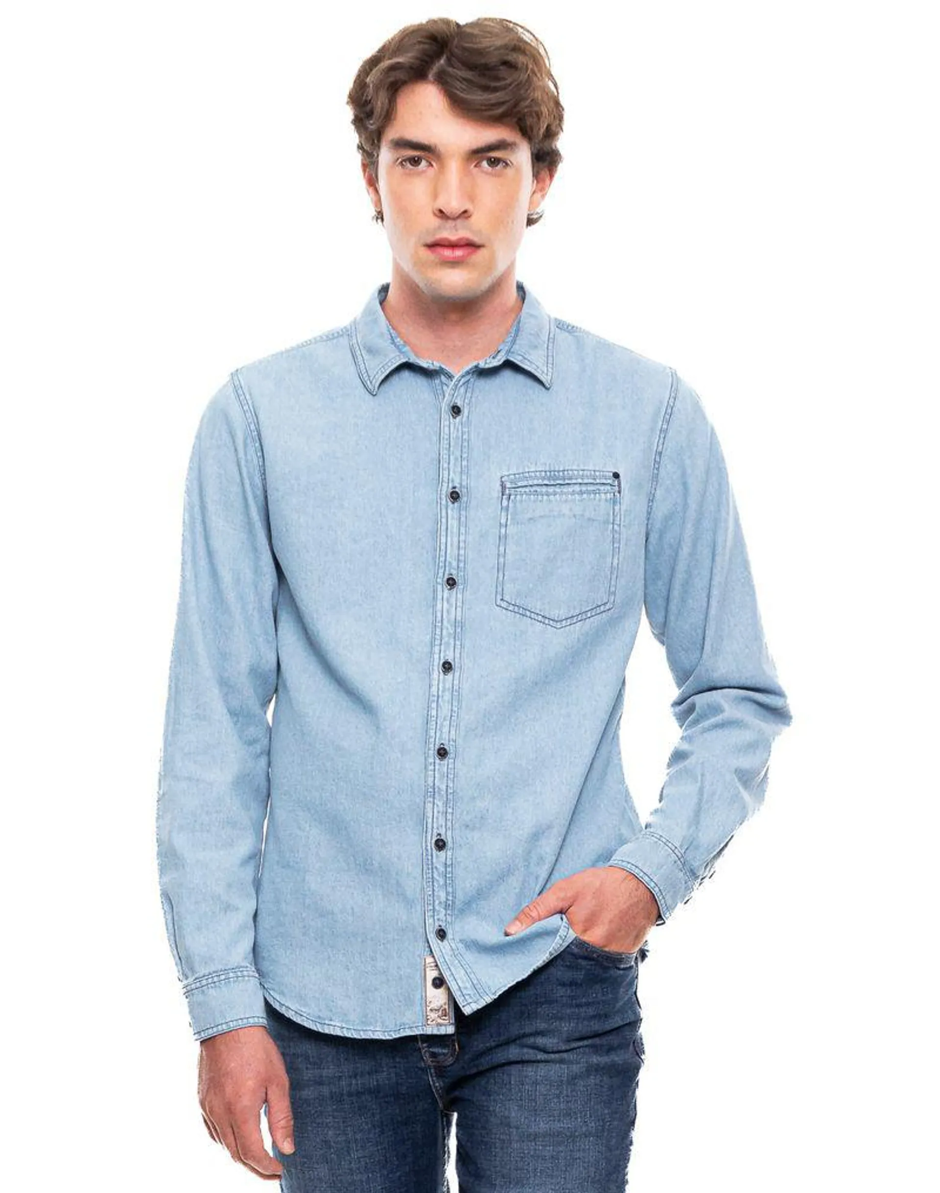 Camisa Manga Larga En Denim Con Bolsillo En Frente