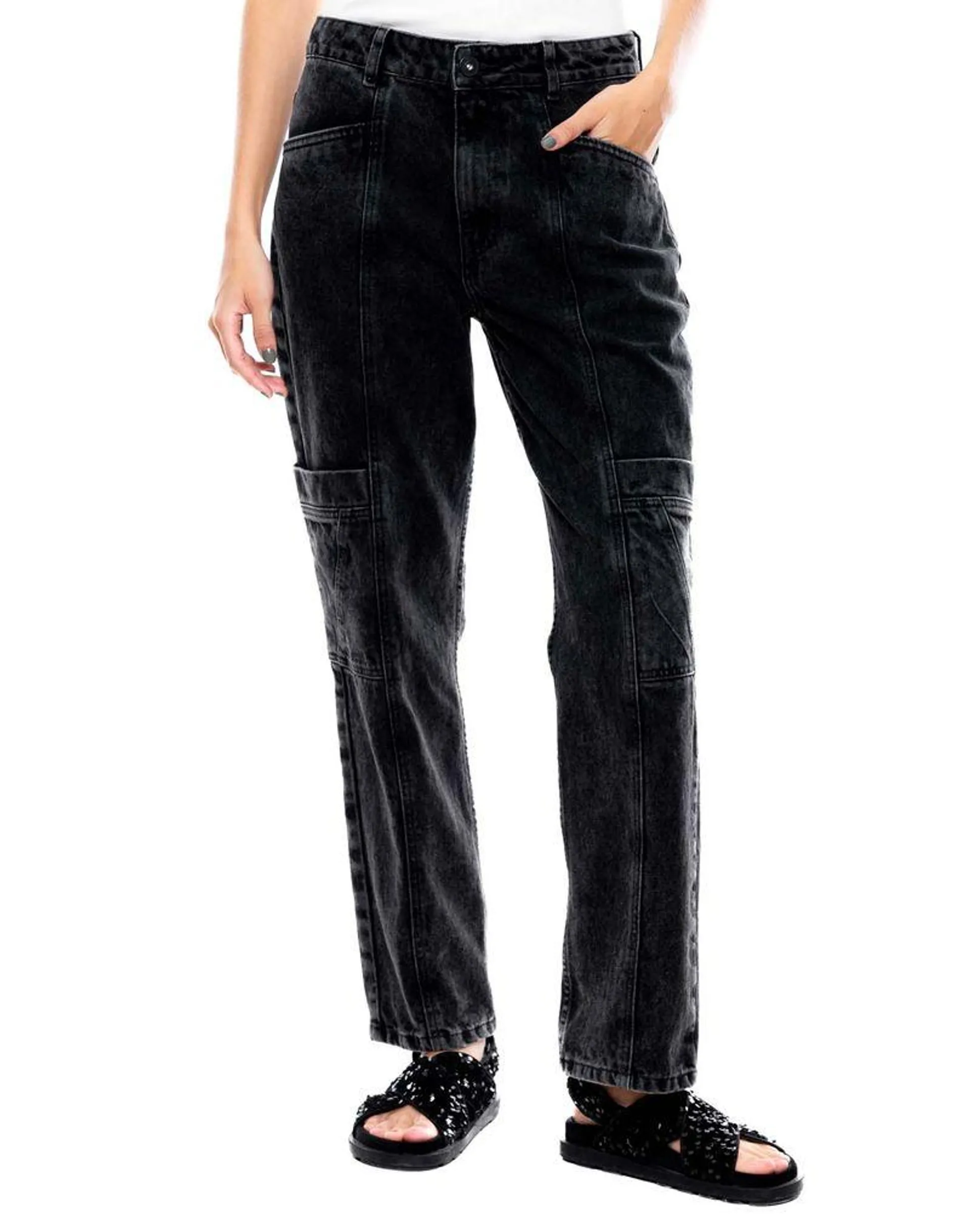 Medium Straight Fit Jeans Tipo Cargo Con Ojaletes En Bolsillo Posterior