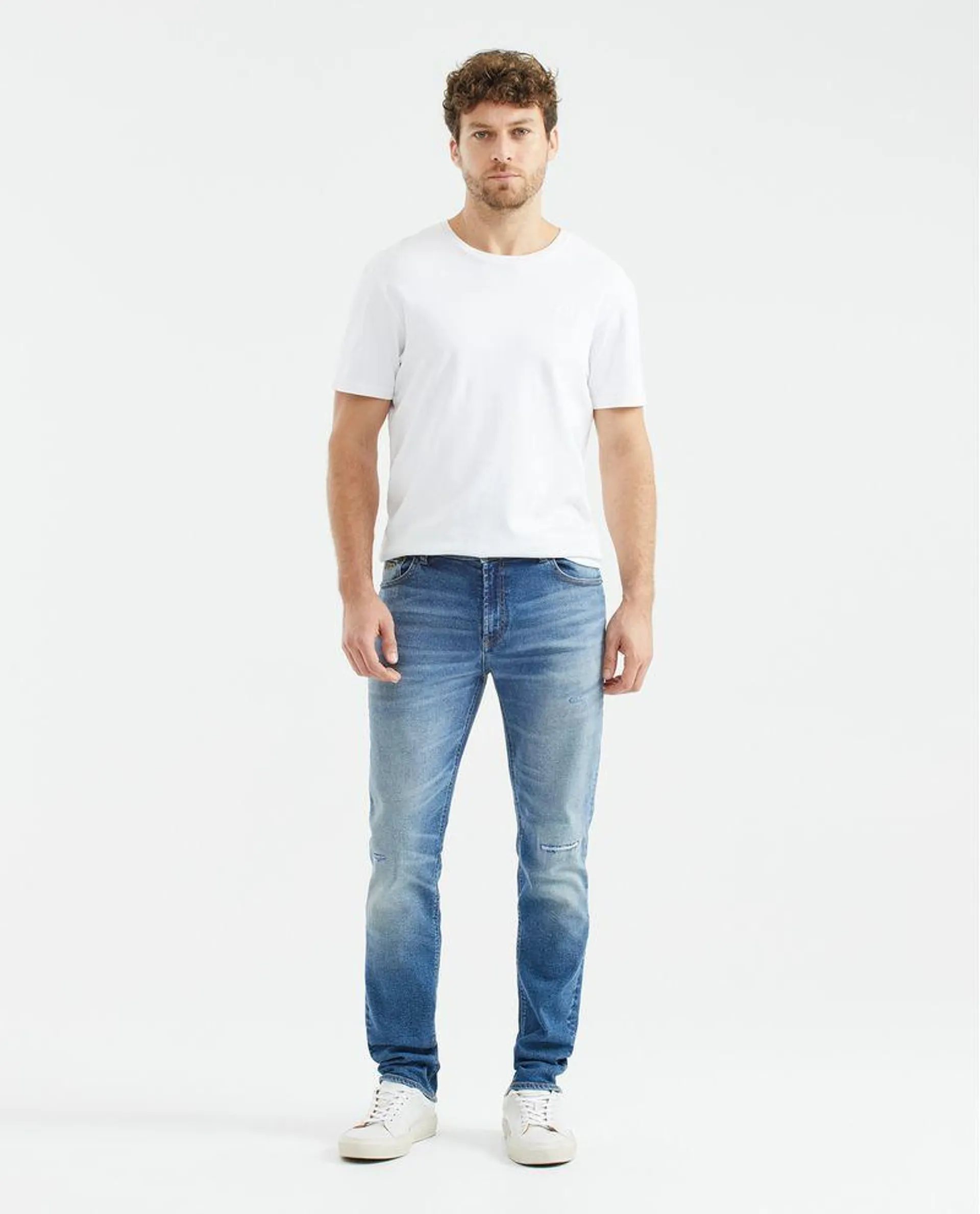 Jean de Hombre Straight Fit, Morrison, Bota Slim - Azul Medio Vintage + Rotos