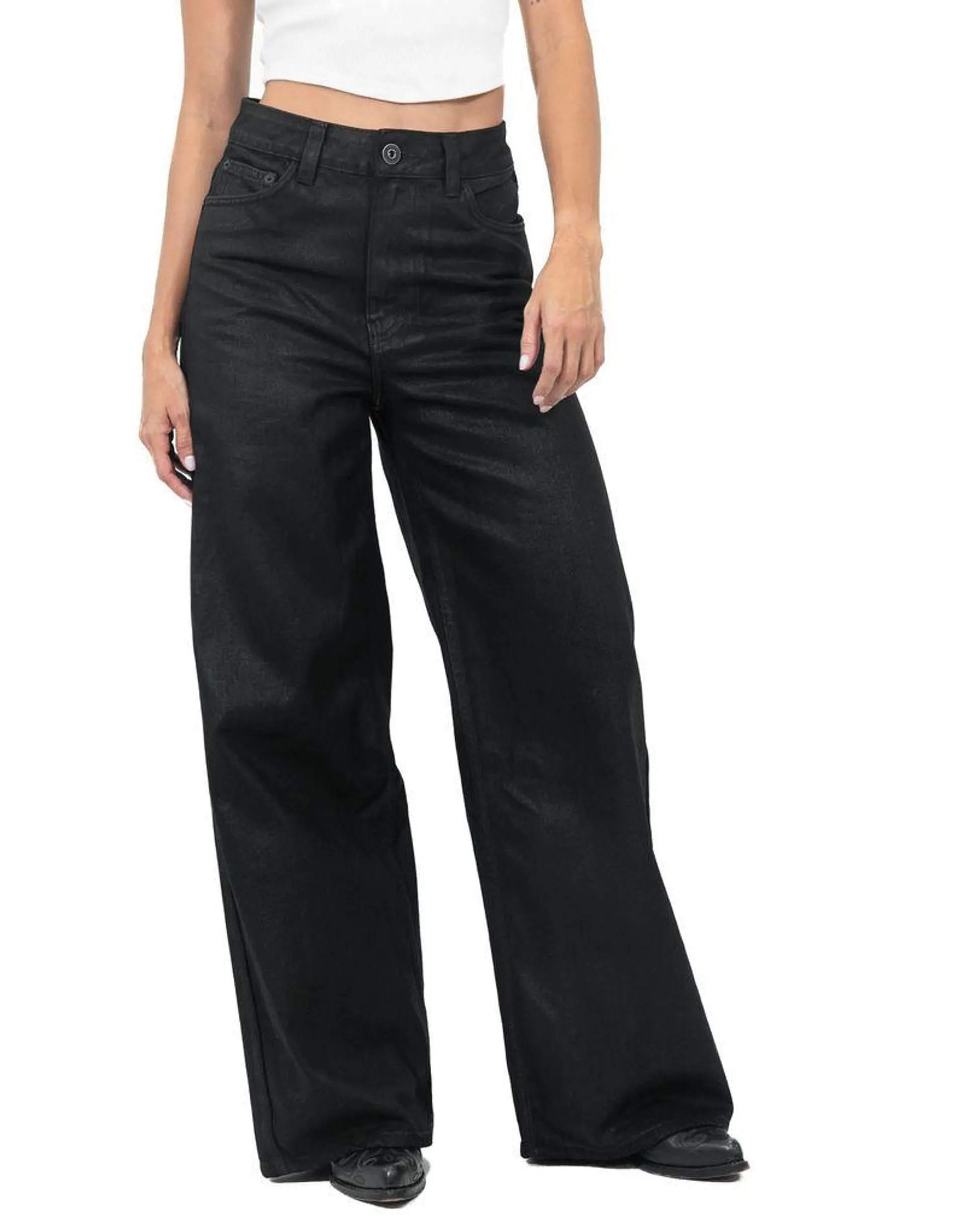 Black Denim Medium Waist Wide Leg Jeans Resinados