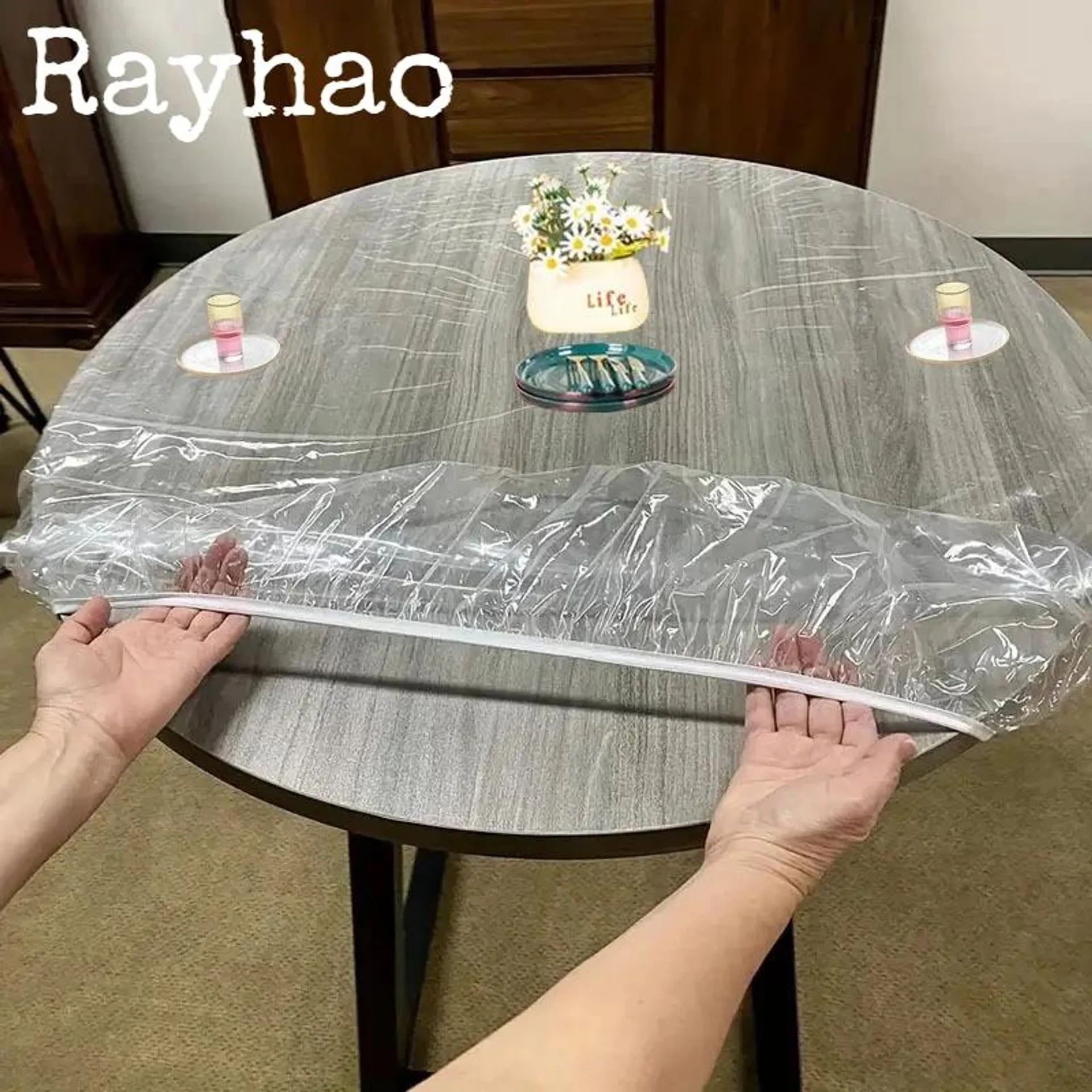 Advanced PVC Transparent Round Rubber Band Tablecloths Waterproof and Oil-proof Table Protection Cover for Wedding Hotel Home