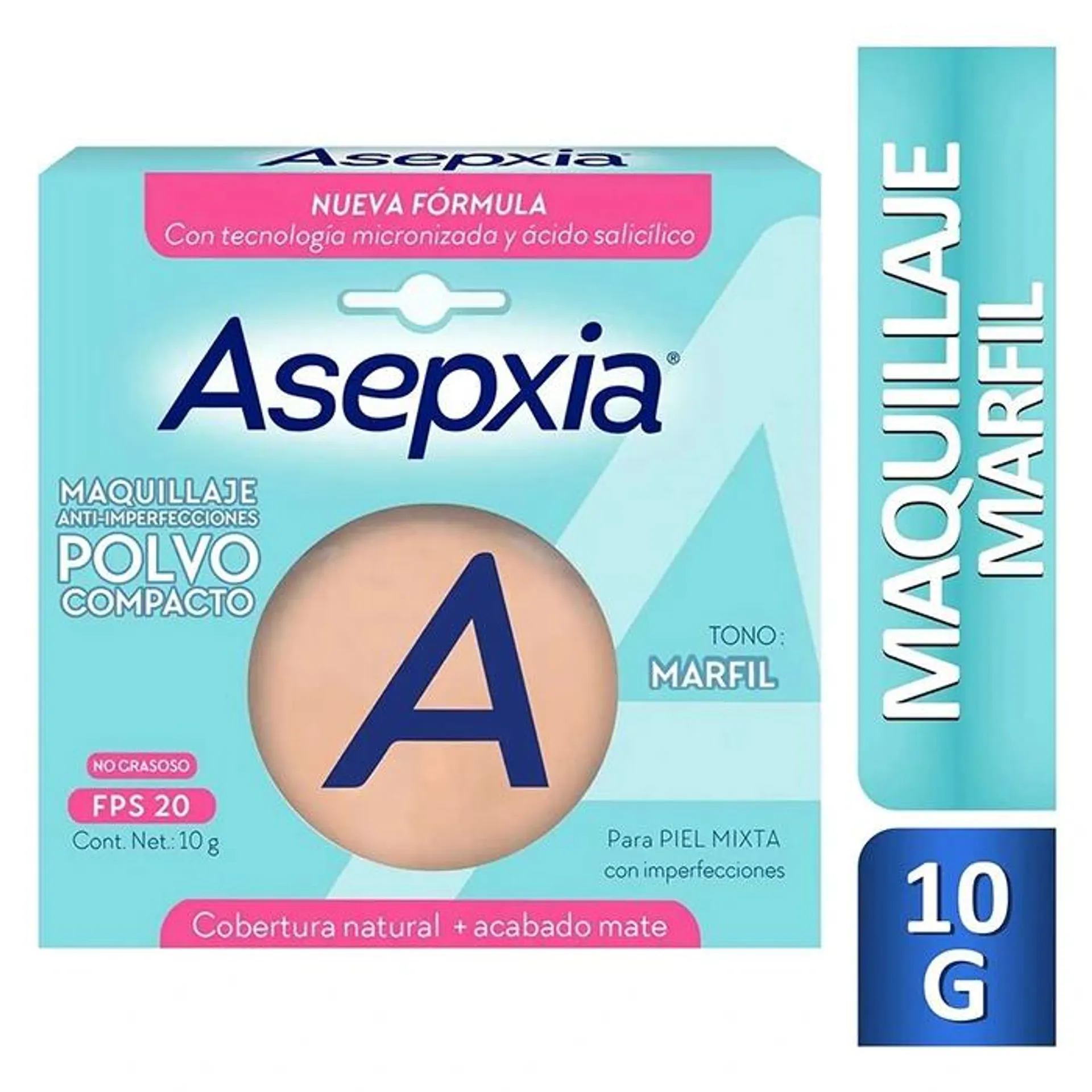 Asepxia Maquillaje Facial Polvo Compacto Antiacne Marfil 10G