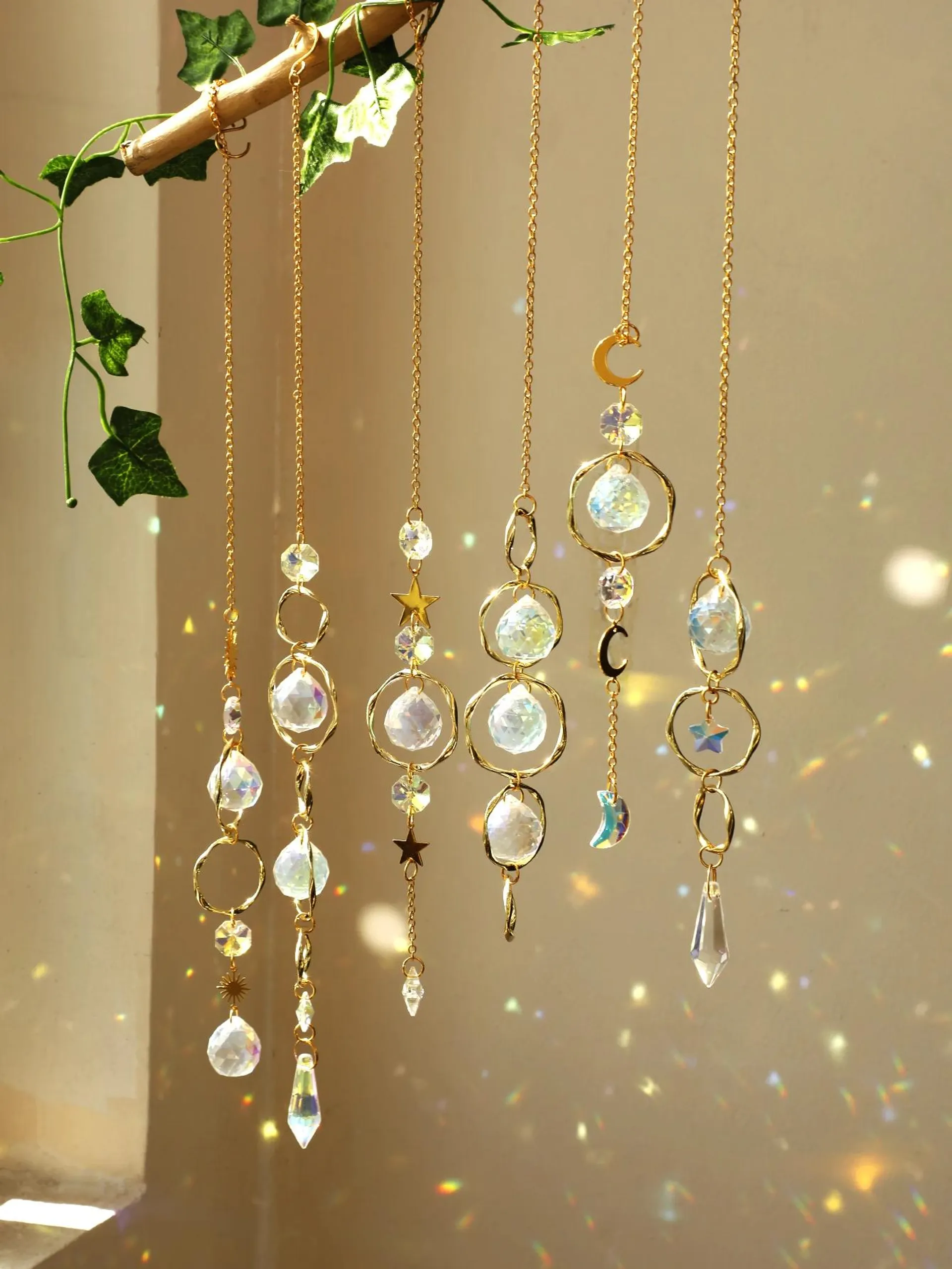 Hanging Ornaments Boho Sun Catcher Handmade Art Crystal Sun Catchers with Gold Chain for Window Wall or Garden Decor Wind Chimes